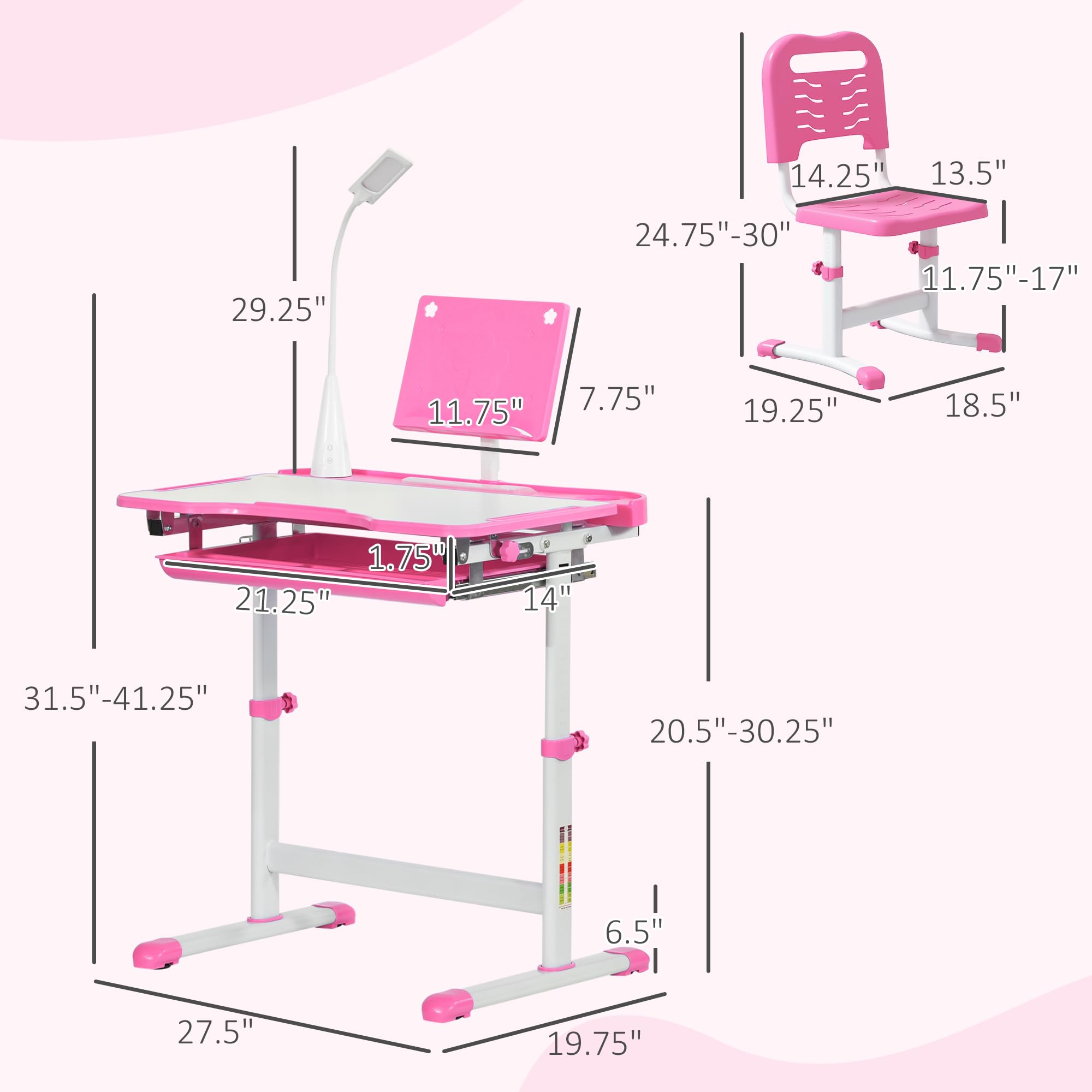 Qaba Adjustable Kids Desk and Chair Set with Tilt Desktop, USB Light & Storage Drawer - Ergonomic Study Table for Children, Perfect for Homework, Drawing, Crafts & Online Learning (Pink & White)