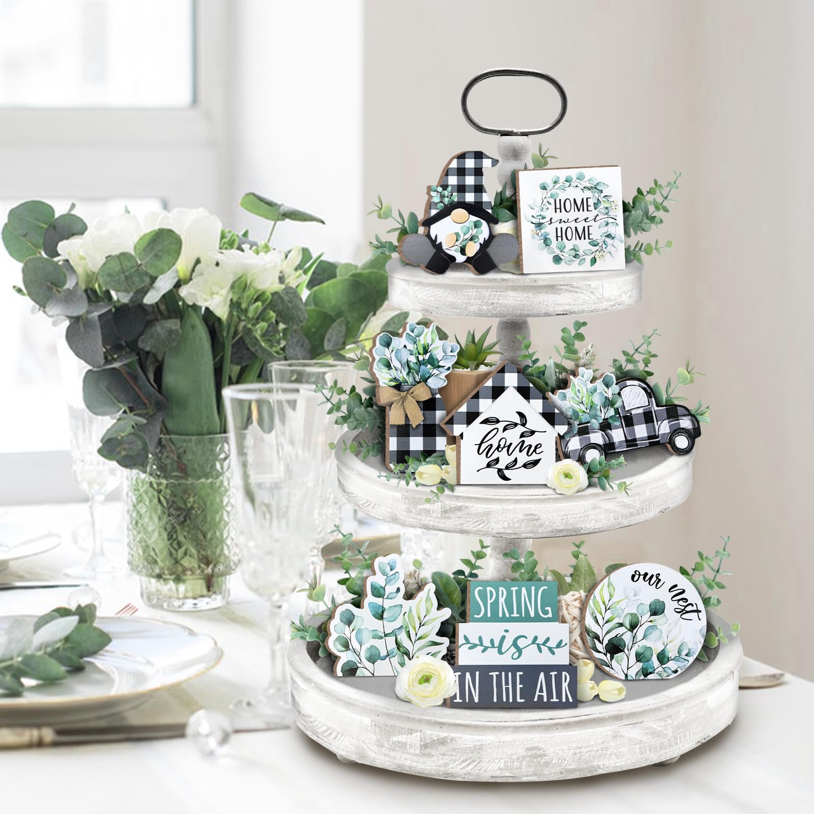 Farmhouse Spring Tiered Tray Decor Set with Eucalyptus Leaves, Gnome Wreath & Buffalo Plaid Mason Jar - Rustic Wooden Signs for Home Table, Shelf, Mantel Decor | Perfect for Easter, Wedding, Baby Shower & Farmhouse Party Decorations