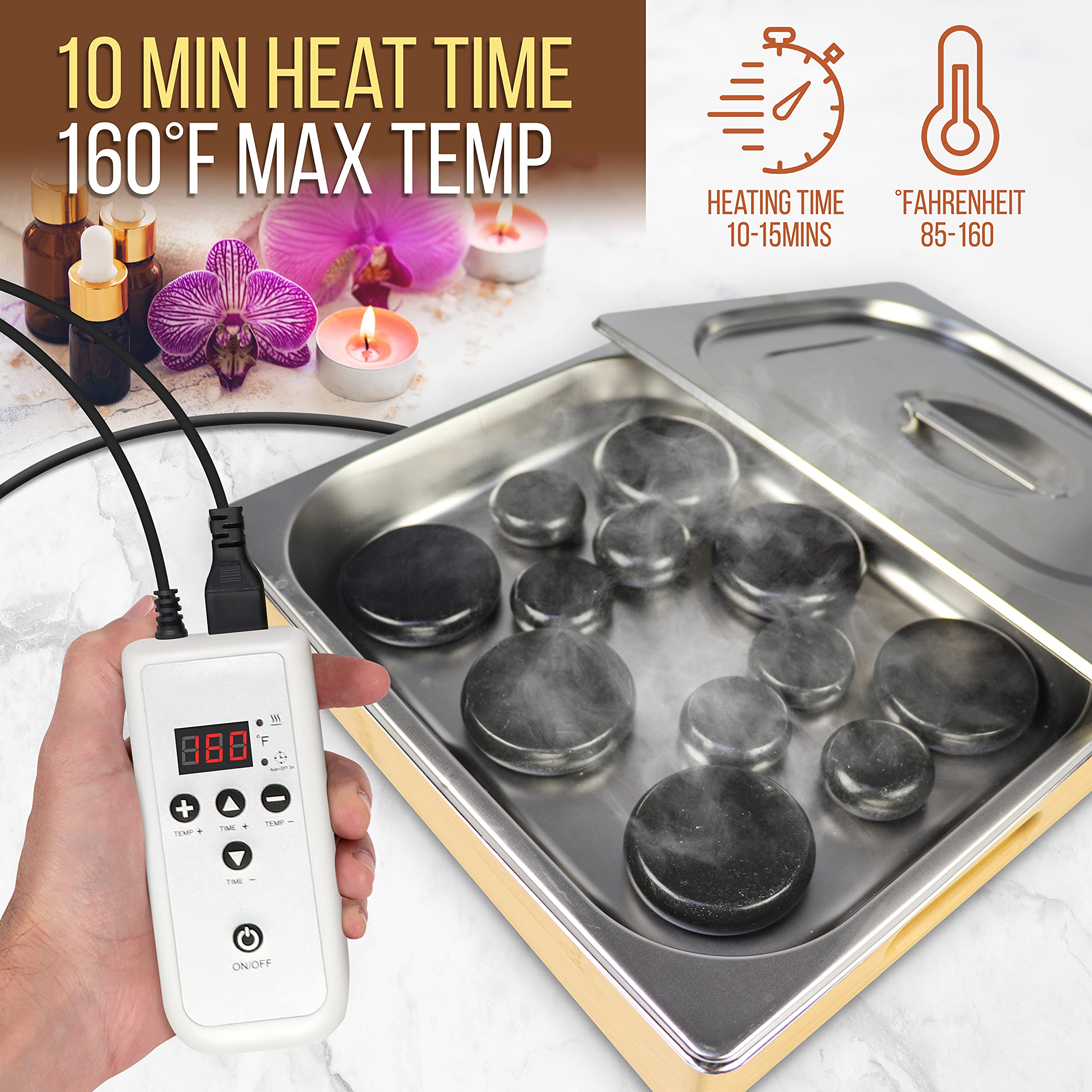 Electric Hot Stone Massage Kit with 6 Large & 6 Small Basalt Stones - Portable Spa Warmer Set with Digital Controller & Heating Bag for Relaxation Therapy - Perfect for Home Spa, Professional Massage & Pain Relief