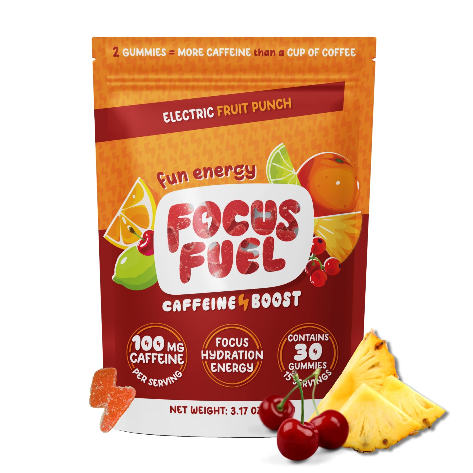 Energy Chews - Focus & Energy Gummies with 100mg Caffeine, B12, Magnesium & Electrolytes | All-Natural Fruit Punch Flavor (30 Chews, 3.17oz) | Boost Workouts, Study Sessions & Long Workdays