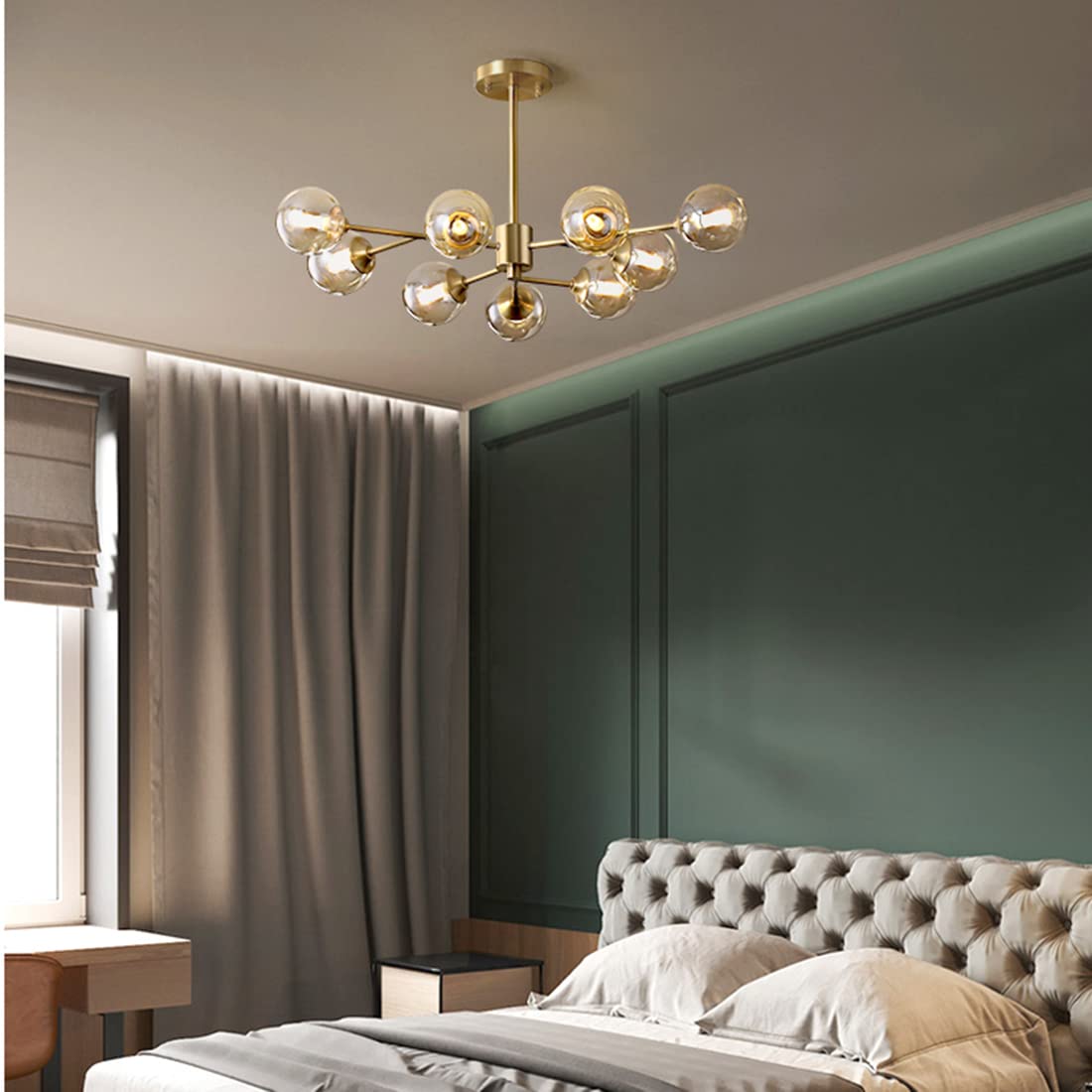 9-Light Gold Brass Linear Chandelier - Glass Globe Pendant Light Fixture for Dining Room, Bedroom, Living Room & Hallway | Modern Molecule Design & Warm Ambient Lighting | Perfect for Home Decor, Wedding Venues & Restaurant Lighting
