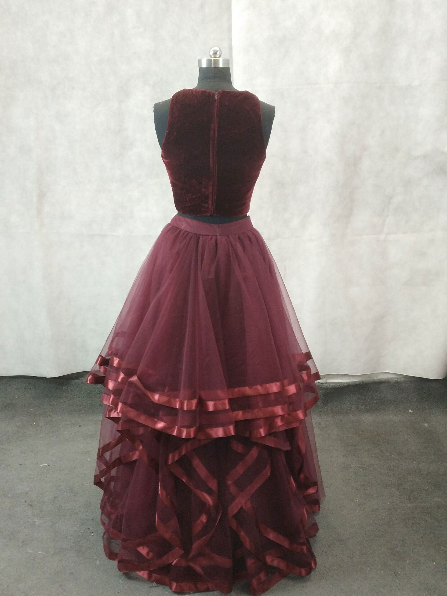 Elegant Burgundy Two-Piece Tulle Long Prom Dress | Formal Evening Gown for Homecoming, Wedding, and Special Occasions