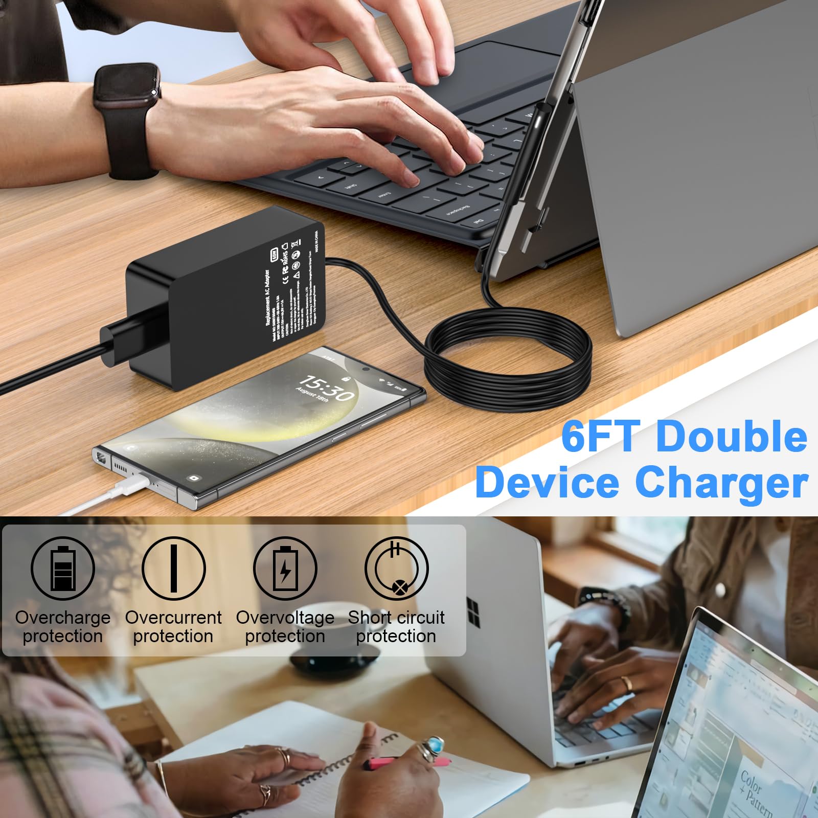65W Surface Pro Charger - Compatible with Microsoft Surface Pro 9/8/7/6/5/4/X & Surface Laptop 1/2/3/4 - Fast Charging Power Adapter with 5V 1A USB Port & LED Indicator (44W/36W Modes) - Perfect for Home, Office & Travel Use