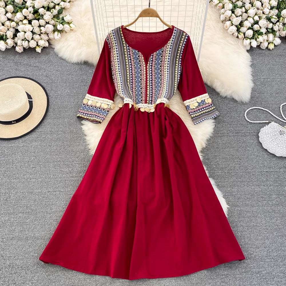 Bohemian High Waist V-Neck Embroidered Summer Dress for Women - Perfect for Beach Vacations, Music Festivals & Boho Chic Outfits
