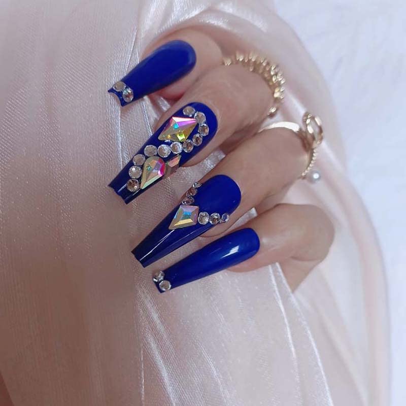 24-Piece Ballerina Deep Blue Press-On Nails with Glitter & Diamond Crystals - Long Coffin Fake Nails for Women | Perfect for Parties, Weddings, and Special Occasions