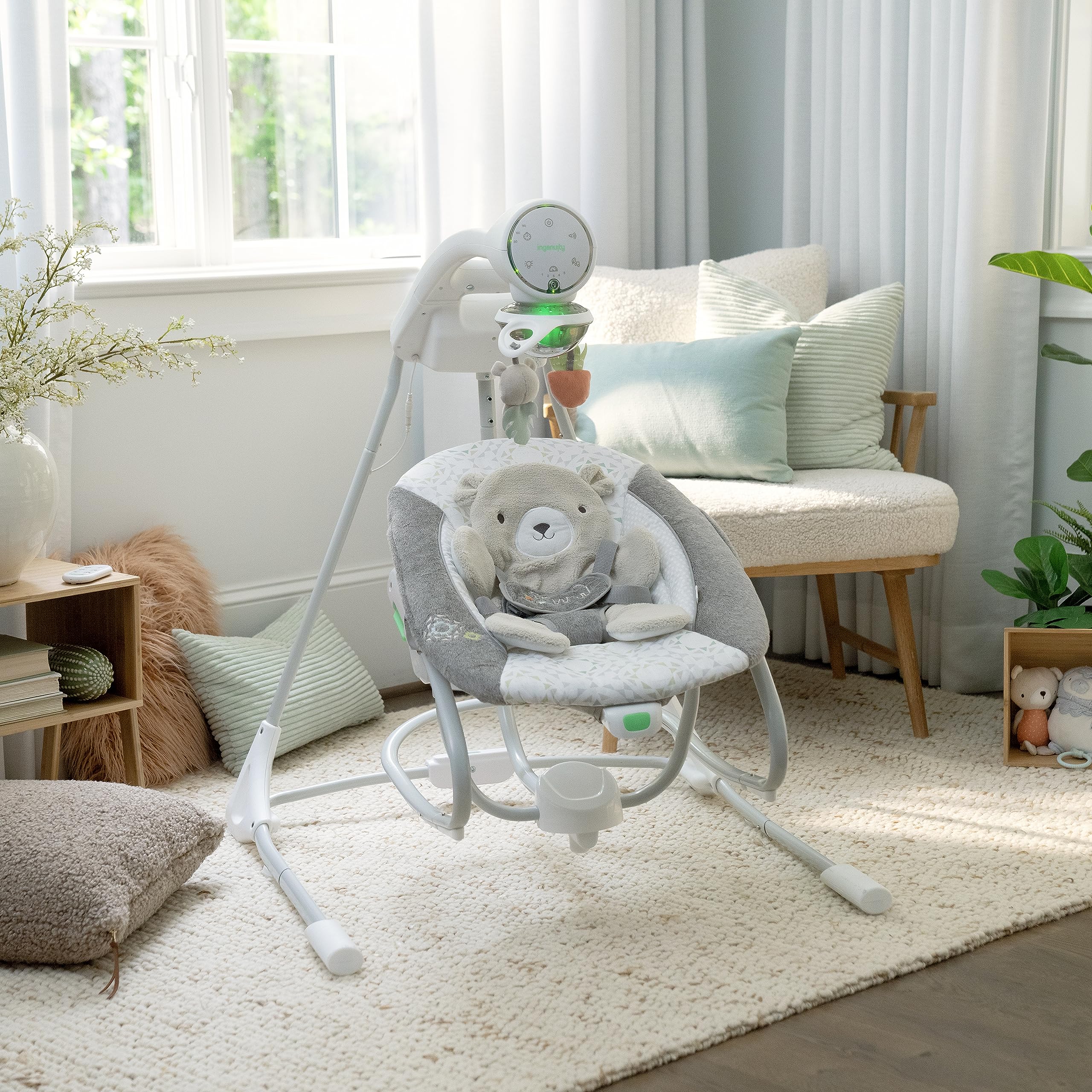 Ingenuity InLighten Soothing Swing & Rocker - Vibrating Baby Seat with Soothing Sounds & Lights for Newborns & Infants - Perfect for Nursery, Bedroom & Playtime (Nate)