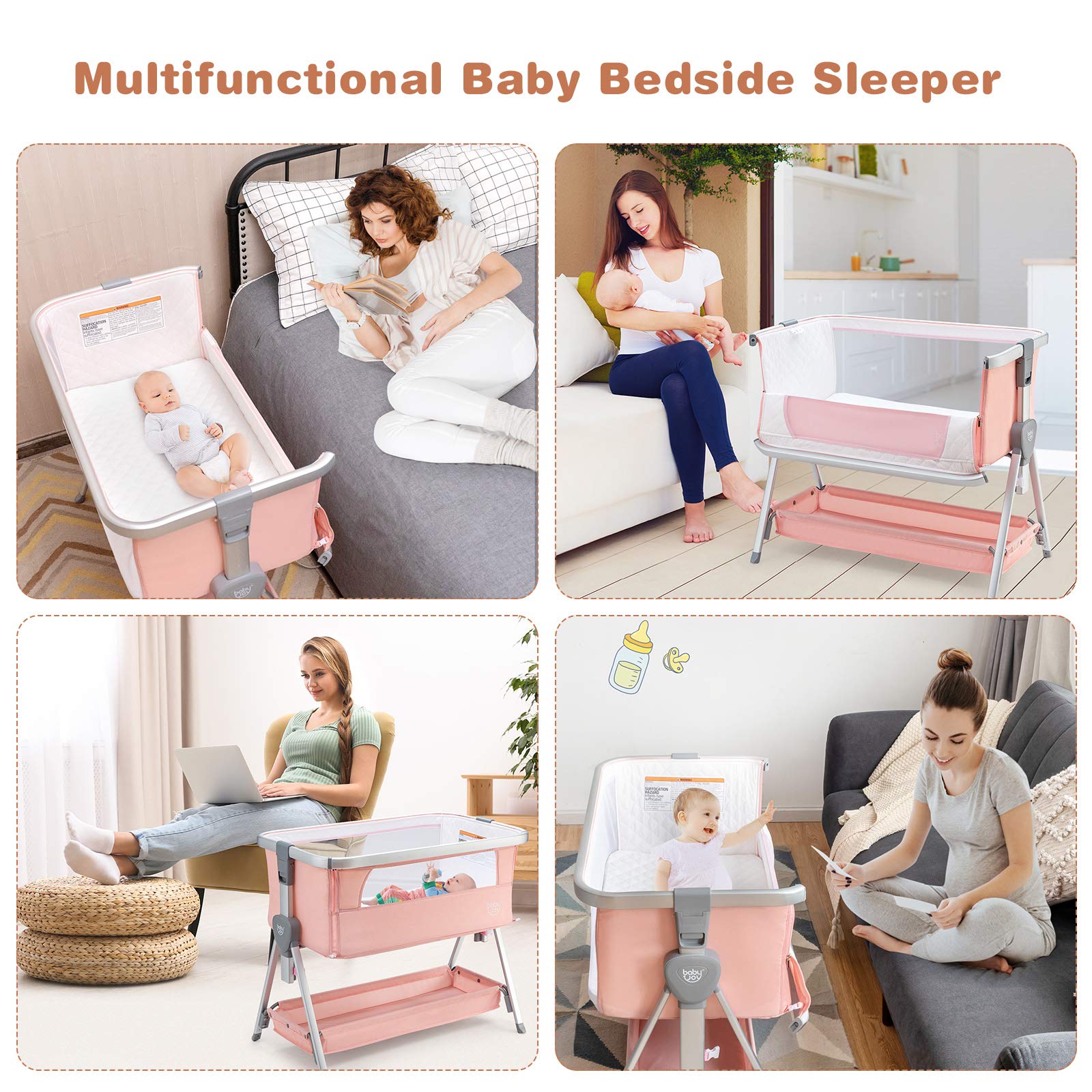 **BABY JOY Portable Bedside Bassinet for Newborns - Adjustable Height, Breathable Mesh, Wheels & Storage - Baby Crib with Mattress for Nursery, Travel & Home Use - Pink**