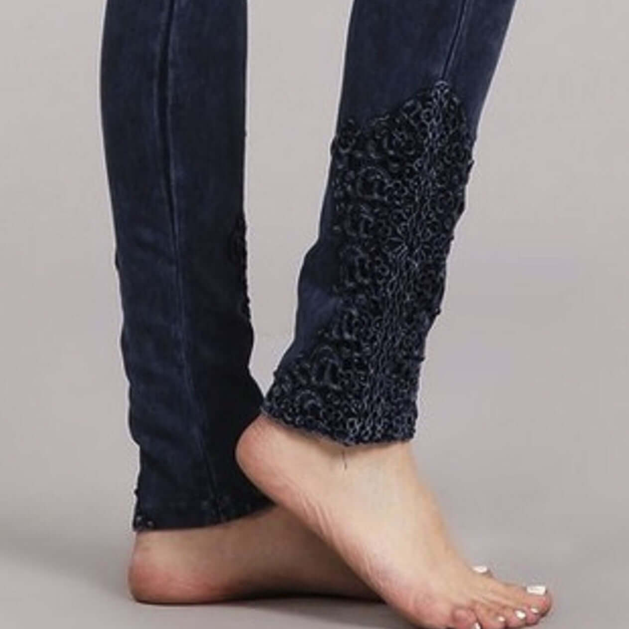 Mineral Washed Jeggings with Crochet Ankle Detail - Made in USA | Stretchy Comfort Pants for Women | Perfect for Casual Wear, Date Night & Office Outfits