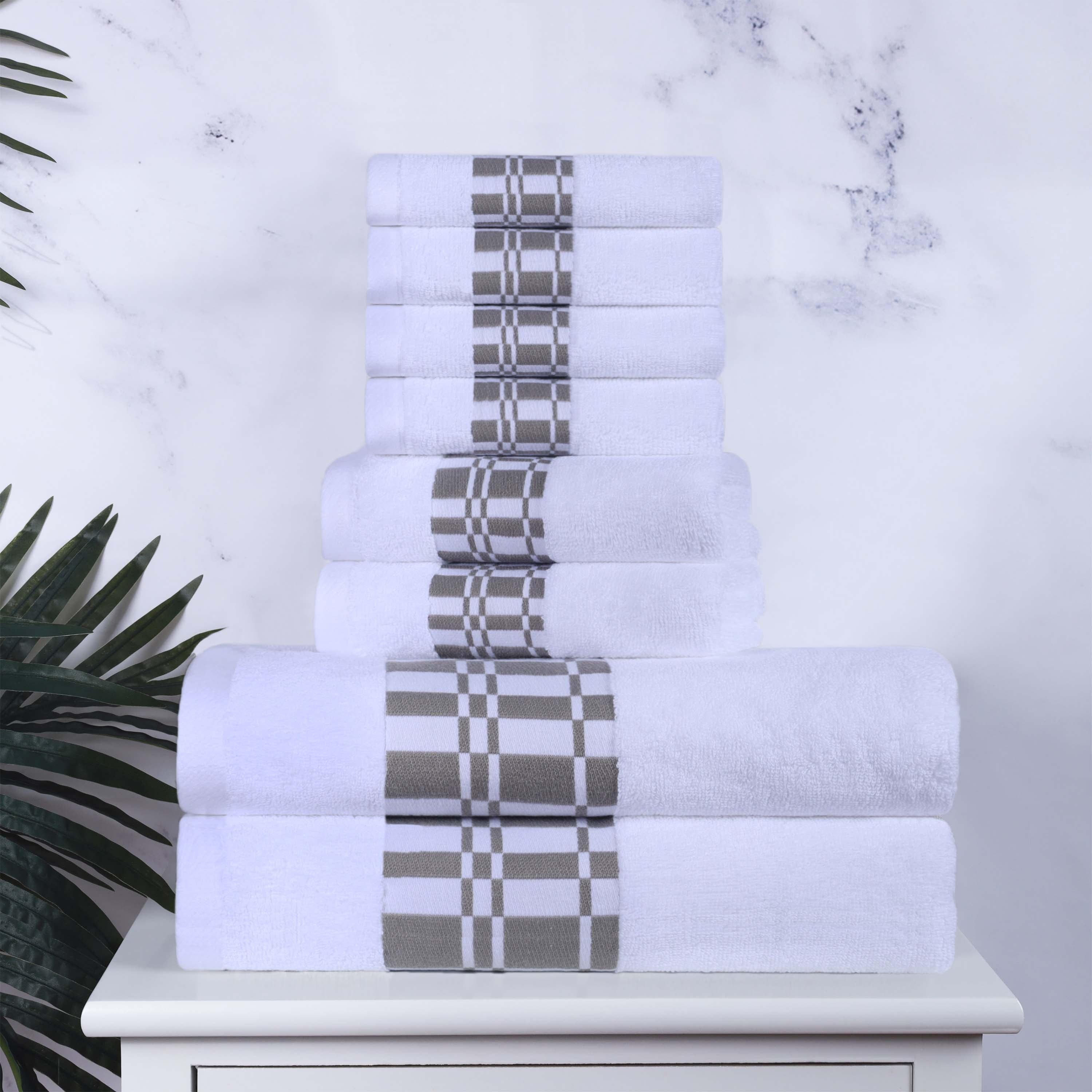 Larissa Cotton Geometric Embroidered Border 8-Piece Towel Set | Soft Bath & Beach Towels for Spa, Pool & Home Decor