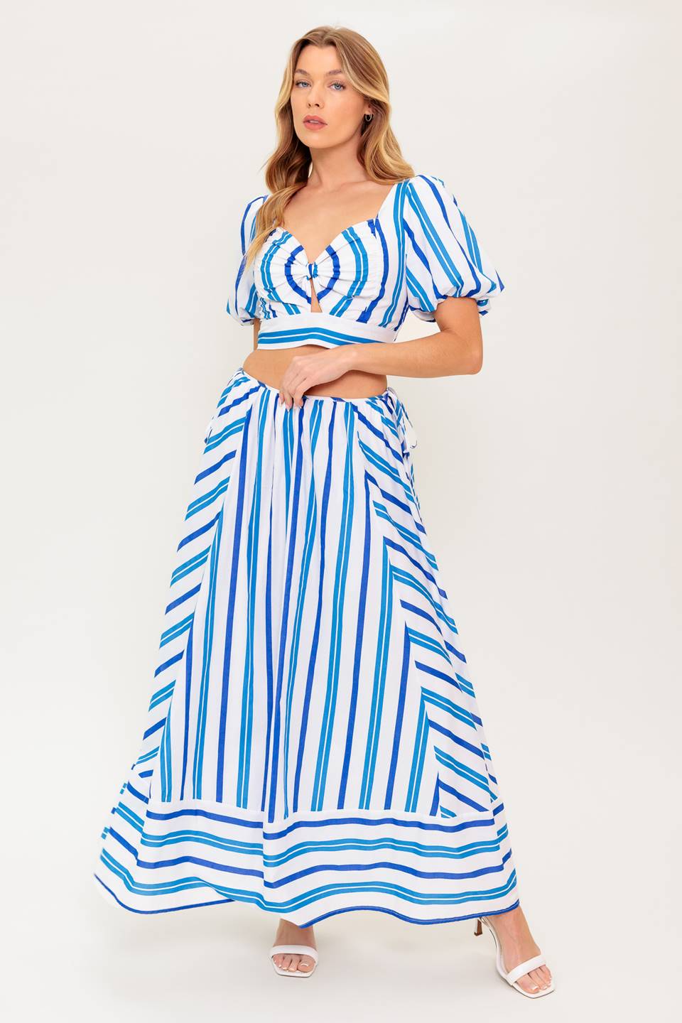 Trendy Boardwalk Breeze Puff Sleeve Crop Top & Skirt Set - Women's Summer Outfit for Beach, Vacation & Casual Wear