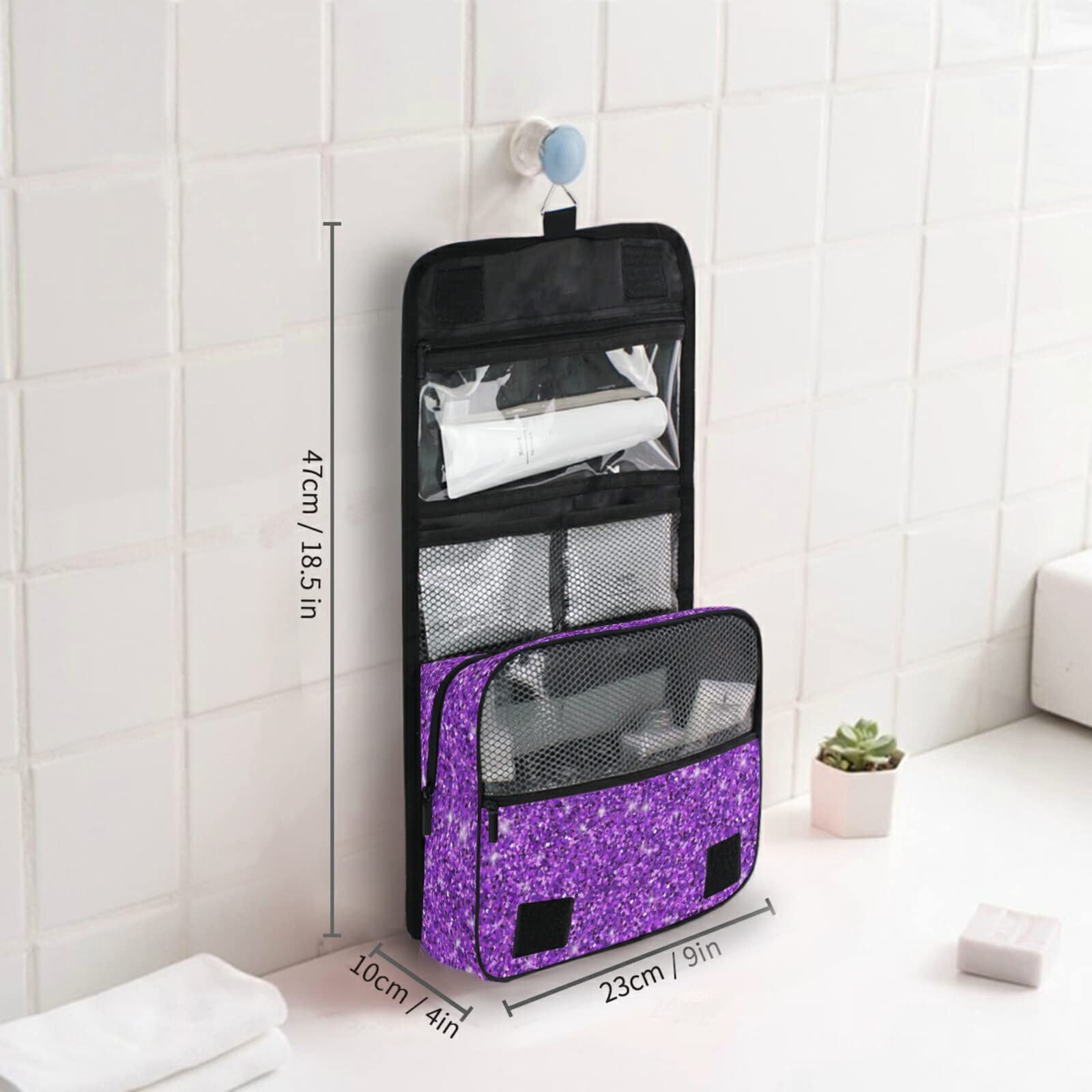 JUNZAN Purple Glitter Hanging Travel Toiletry Bag for Women & Men - Waterproof Cosmetic Organizer with Hook for Bathroom, Gym, Camping & Vacation