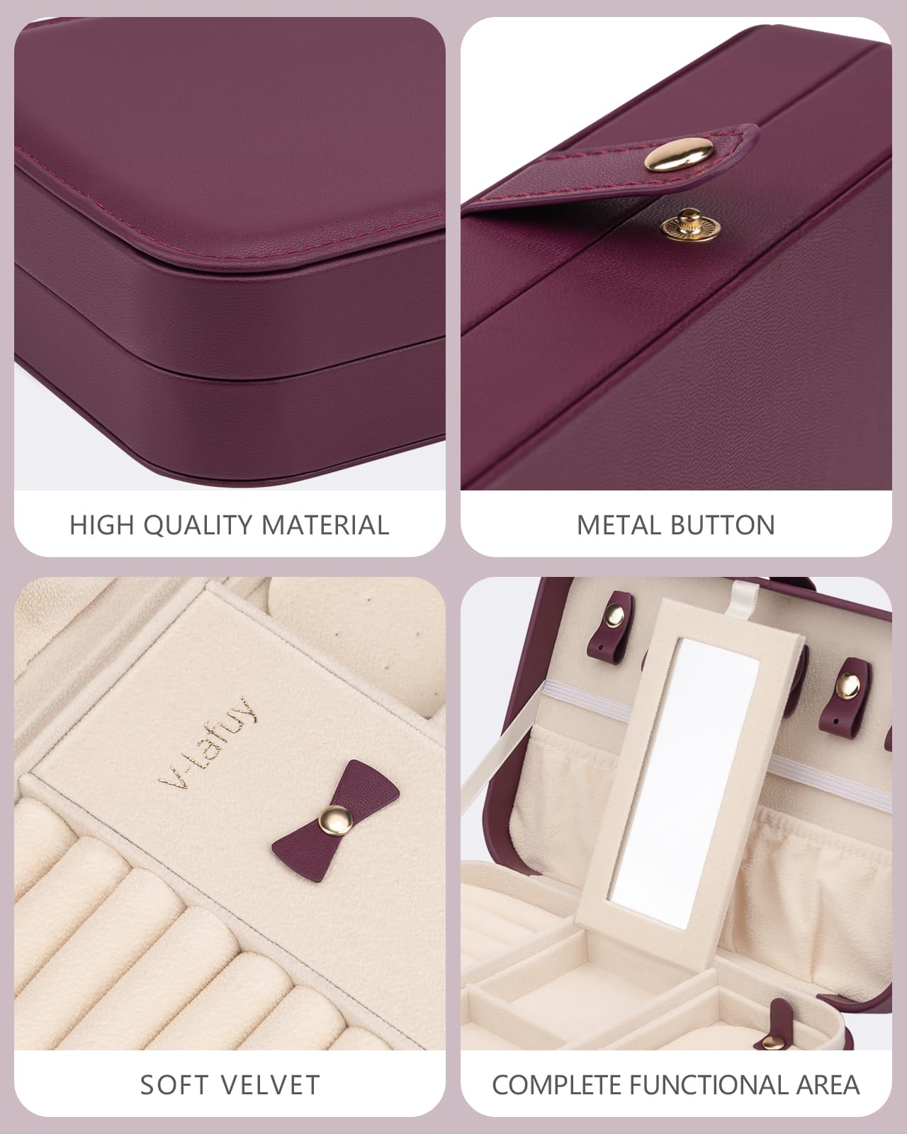 Portable Jewelry Organizer with Mirror - Travel Jewelry Box for Women, Burgundy Red - Perfect for Travel & Storage