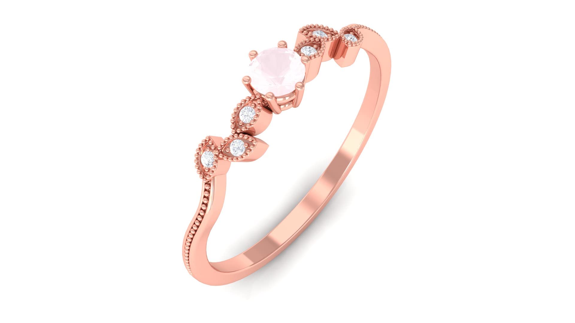 14K Solid Gold Rose Quartz & Diamond Promise Ring - Beaded Gold Band with Rose Quartz Leaf Design for Women, Perfect for Anniversaries, Engagements & Special Occasions