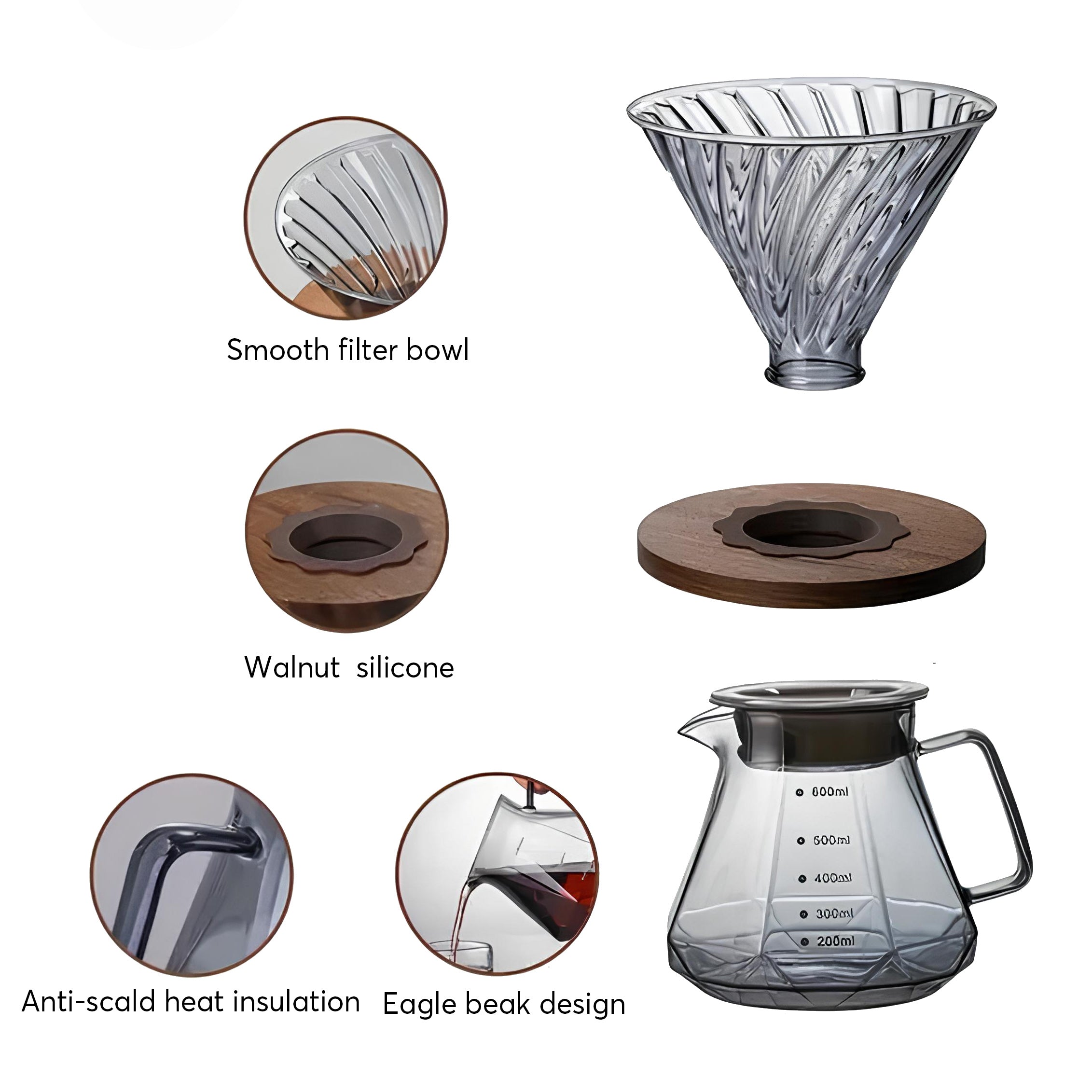Premium V60 Coffee Dripper Set with Walnut Wood Stand & Glass Carafe - Perfect for Pour Over Brewing at Home, Office or Gifts for Coffee Lovers