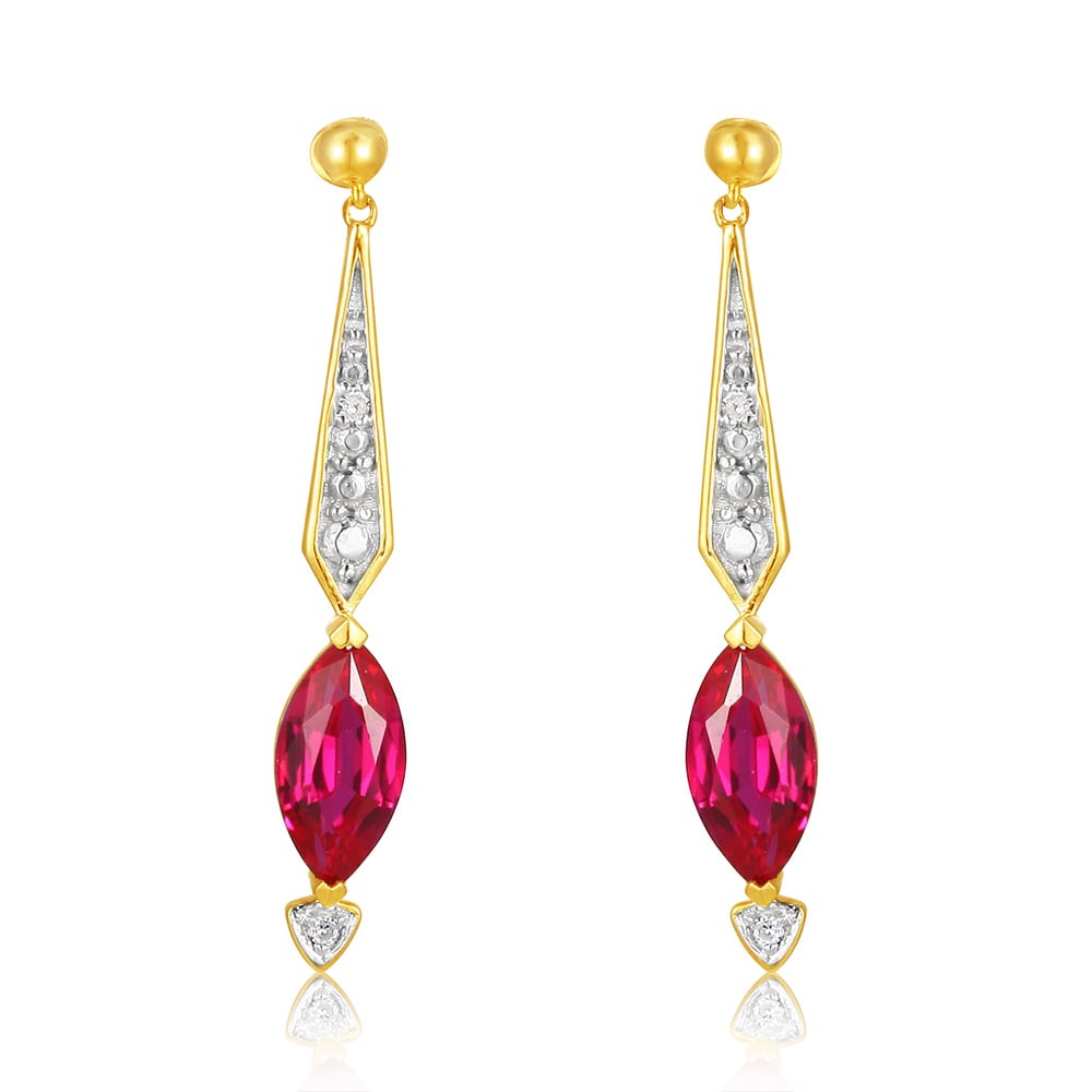 9ct Yellow and White Gold Created Ruby and Diamond Drop Earrings | Elegant Dangle Earrings for Women | Perfect for Weddings, Parties & Special Occasions