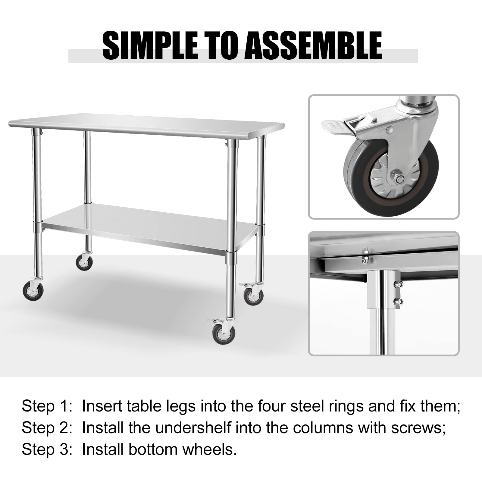 Stainless Steel Work Table with Casters - Heavy Duty Kitchen Prep Table for Restaurant, Home, and Hotel Use - Small Kitchen Table with Stainless Steel Shelves for Food Prep, Baking, and Catering