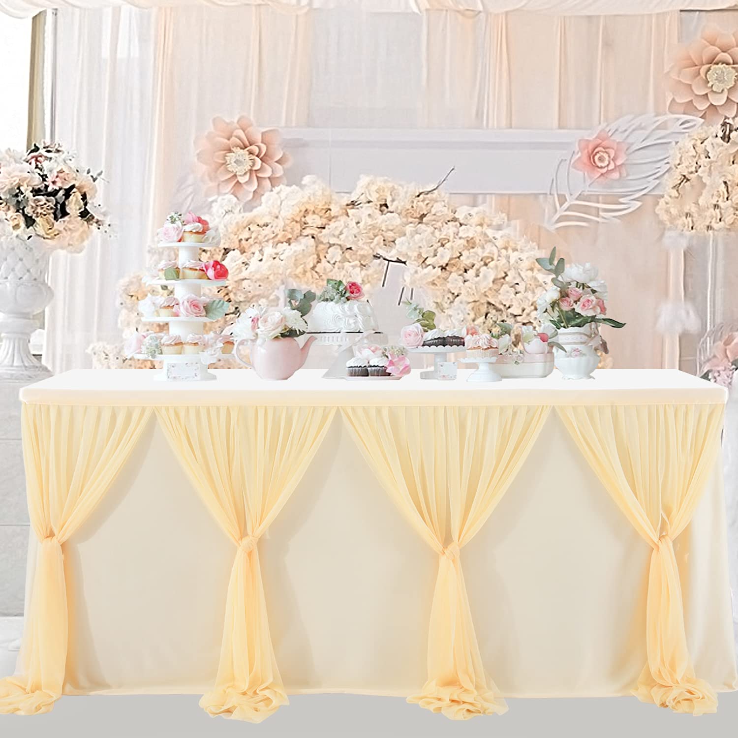 Champagne Tulle Table Skirt Tutu - 6ft Rectangle Table Cover for Birthday, Wedding, Cake & Dessert Table Decor | Perfect for Party, Banquet & Special Event Decorations