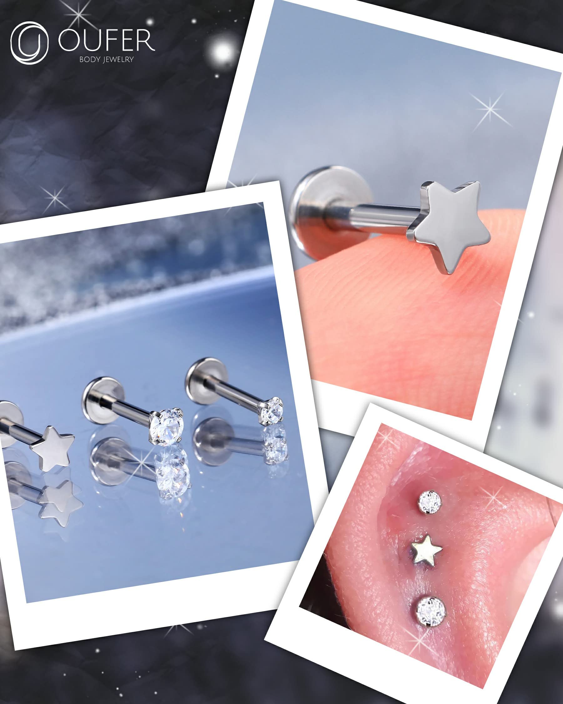 OUFER 3PCS Titanium Flat Back Earrings - Internally Threaded Labret, Tragus, Helix, Conch, Monroe Lip Rings - Hypoallergenic Body Jewelry for Cartilage & Nose Piercings | Perfect for Everyday Wear, Parties & Gifts