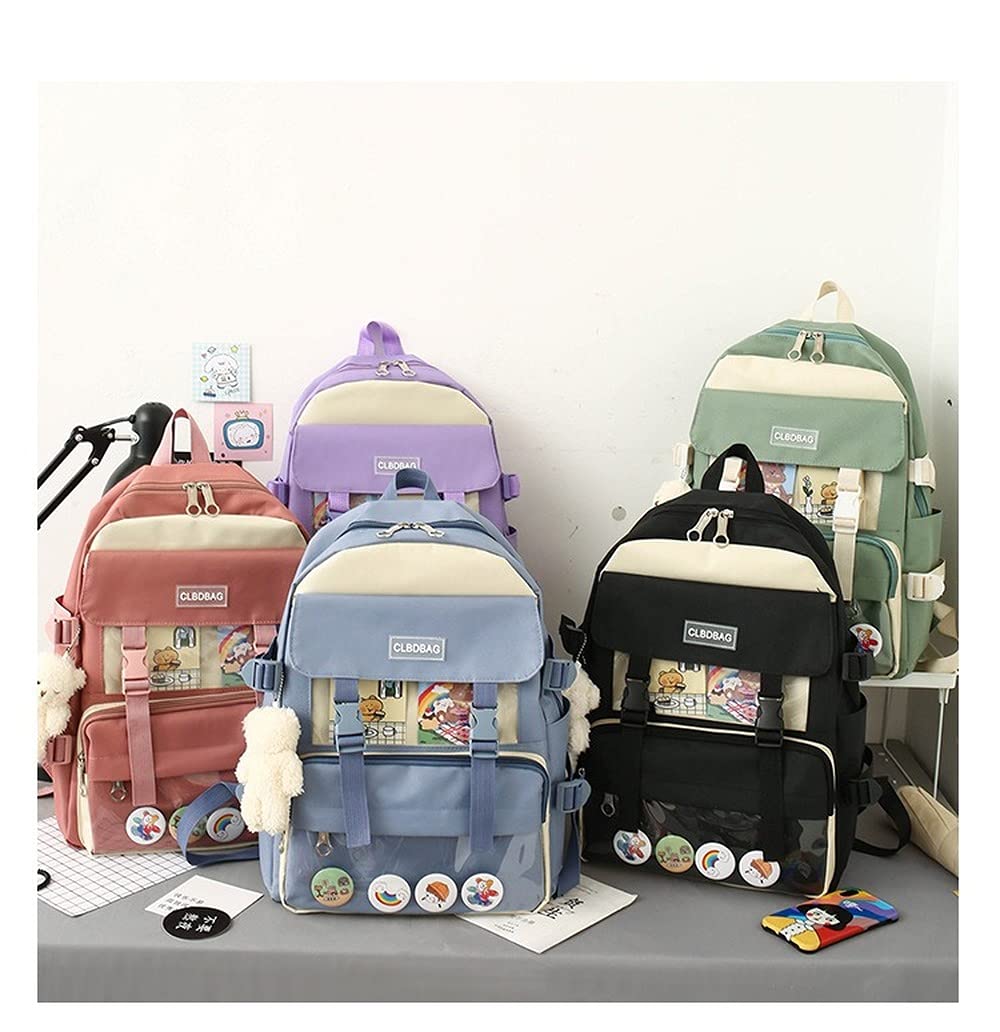 4Pcs Cute Kawaii Bear Canvas Backpack Set for School, Laptop & Travel - Pink Medium Size with Pendant Handle & Shoulder Tote Bag - Perfect for Students, College & Daily Use