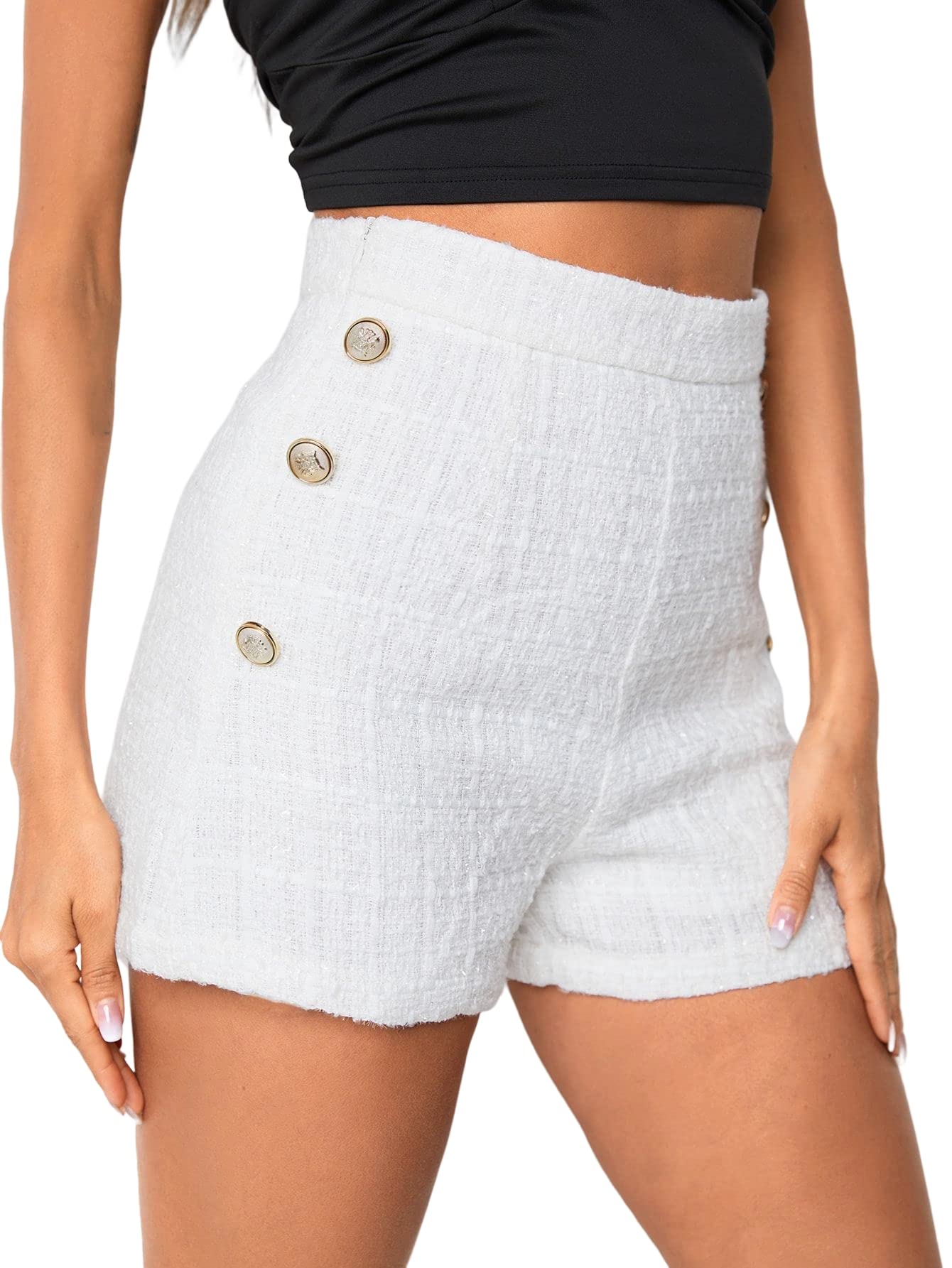 Floerns Women's Vintage Tweed High Waist Wide Leg Shorts with Double Button Closure - Casual Summer Outfit for Brunch, Beach & Shopping