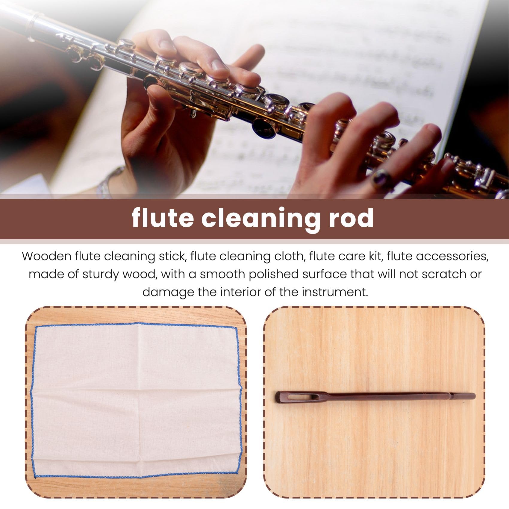Wooden Flute Cleaning Kit with Rod & Cloth | Flute Care Accessories for Musicians