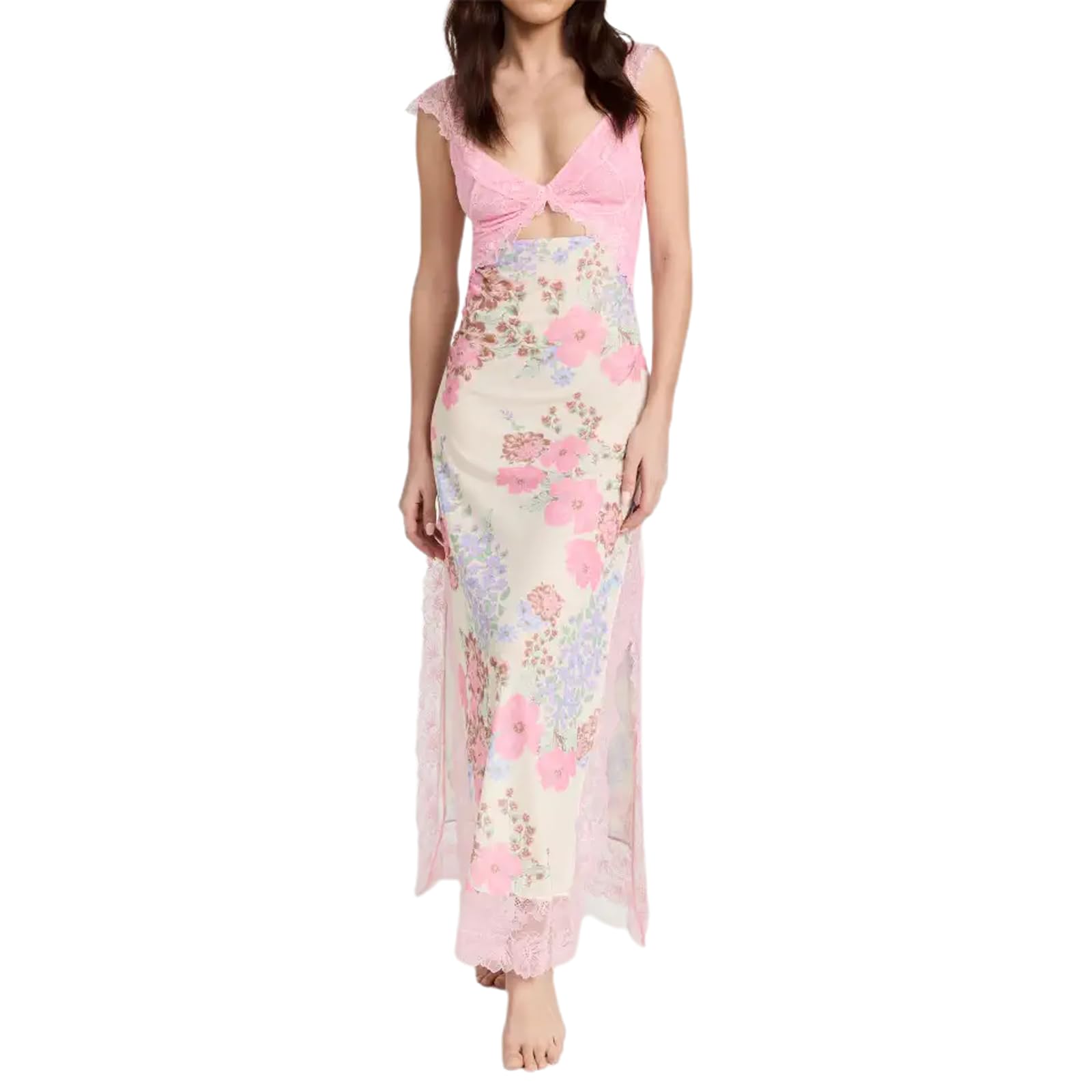 Elegant Women's Floral Lace Patchwork Maxi Dress - Backless Spaghetti Strap Cutout Long Dress with High Split | Perfect for Summer Beach Parties, Date Nights & Vacation Getaways