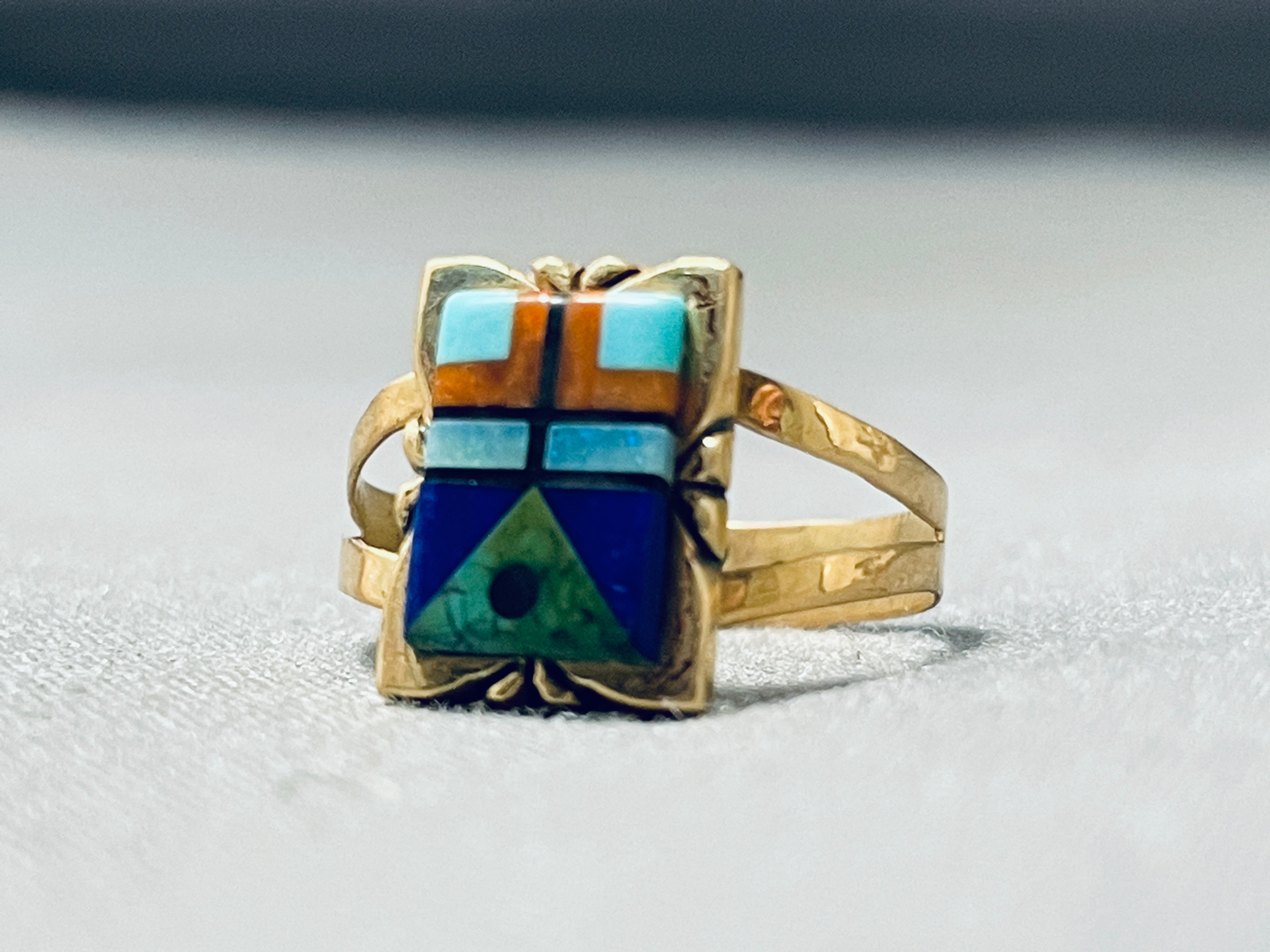 14K Gold Vintage Signed Navajo Turquoise Inlay Ring - Authentic Native American Jewelry for Women, Handmade Southwest Style, Perfect for Boho Fashion & Special Occasions