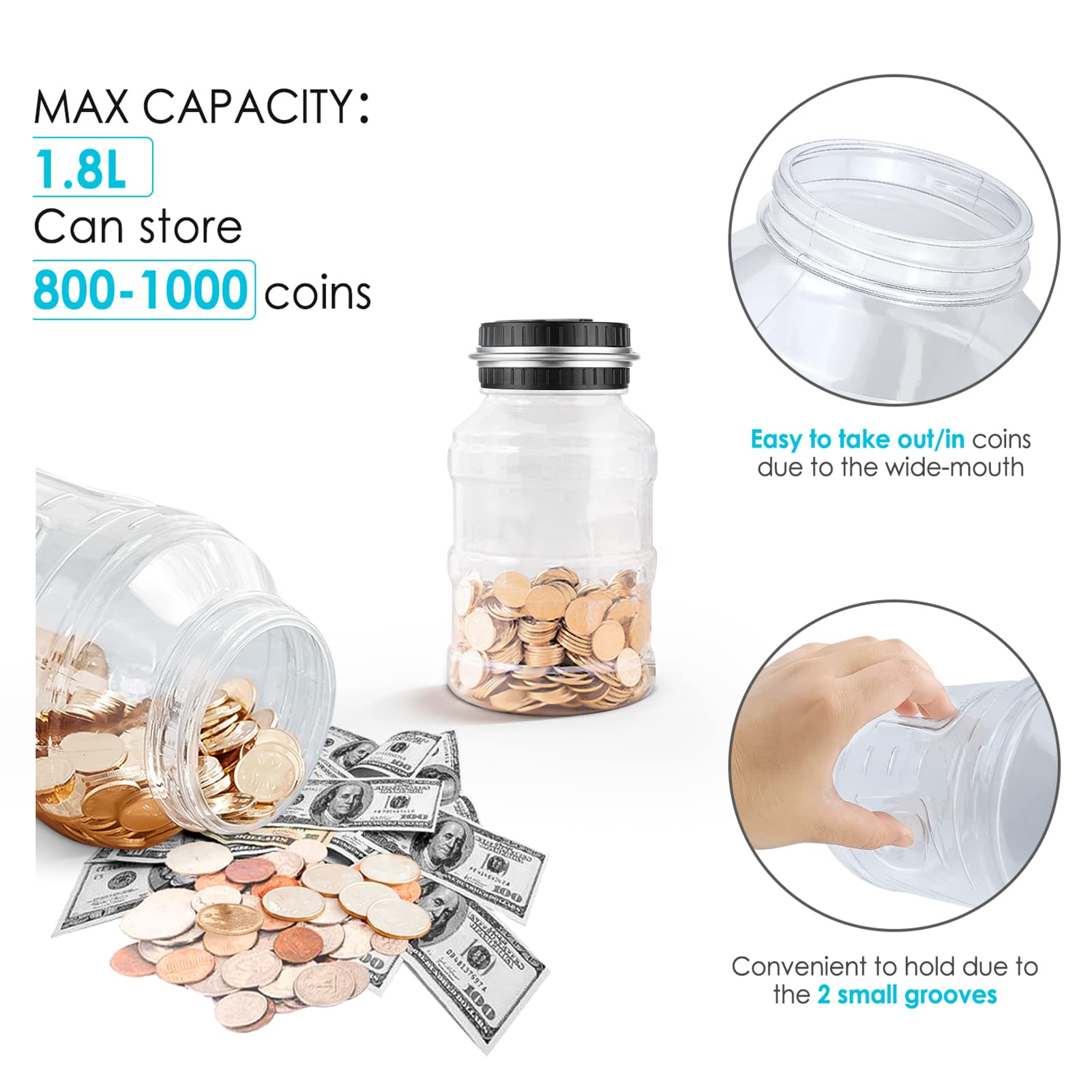 Vcertcpl Digital Coin Counting Piggy Bank with LCD Counter - 1.8L Large Capacity Money Jar for Boys & Adults - Compatible with All US Coins (Silver) - Perfect for Saving, Budgeting & Gift Giving