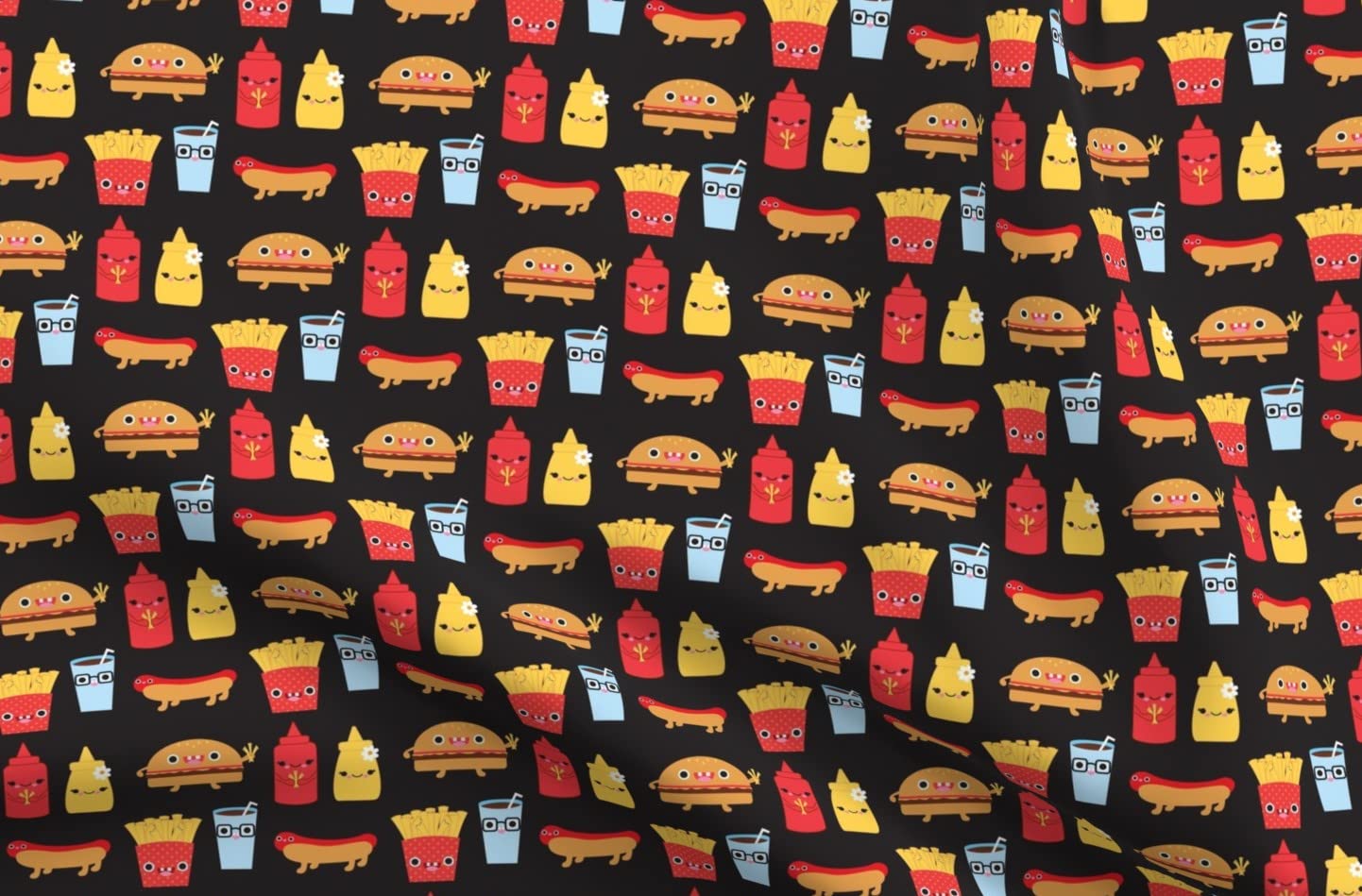 Cute Hamburger French Fries Food Soda Kawaii Faces Printed Cotton Fabric - Spoonflower Petal Signature Cotton Fat Quarter for Sewing, Quilting, Apparel & Crafts - Perfect for DIY Home Decor, Baby Clothes & Kawaii Fashion Accessories