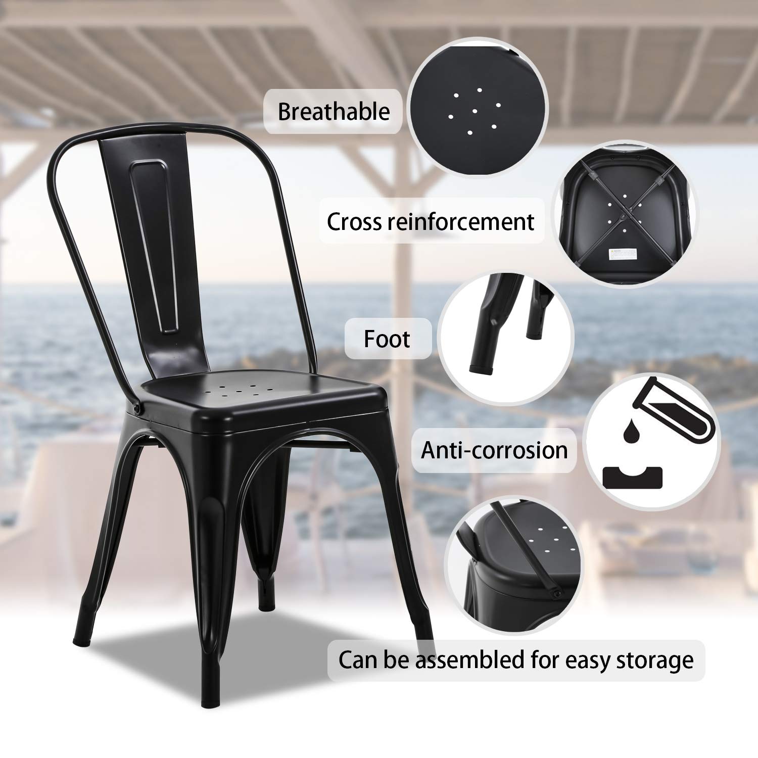 HCB 4-Pack Metal Dining Chairs - Heavy Duty 330 LBS Capacity Stackable Indoor/Outdoor Kitchen & Patio Chairs with Back Support - Perfect for Restaurants, Cafes, and Home Dining (Black)