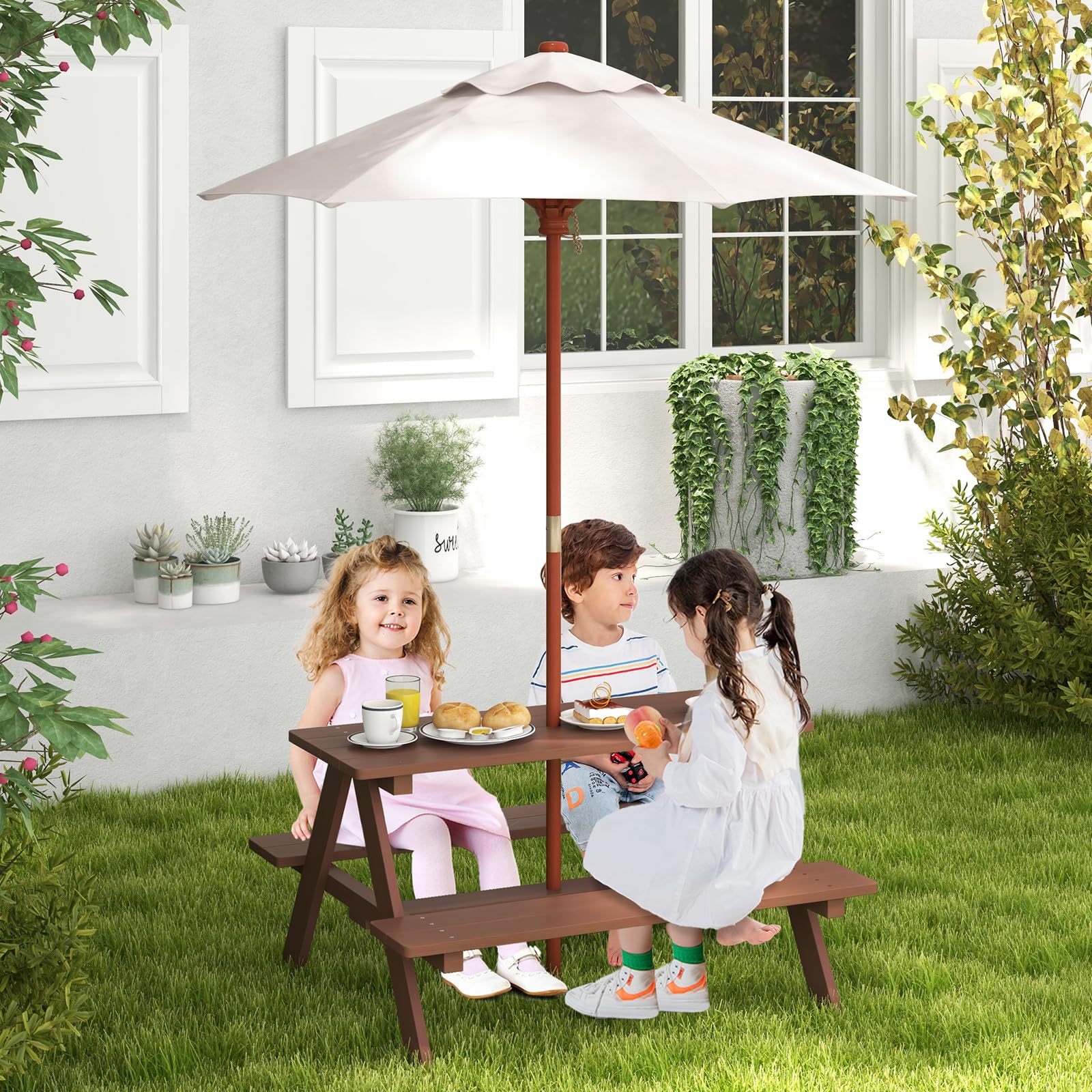 Olakids Kids Picnic Table Set - Outdoor Wooden Toddler Table & Chairs with Removable Umbrella - Children's Activity Furniture for Patio, Garden, Backyard - Perfect for Outdoor Playdates, Birthday Parties & Family Gatherings