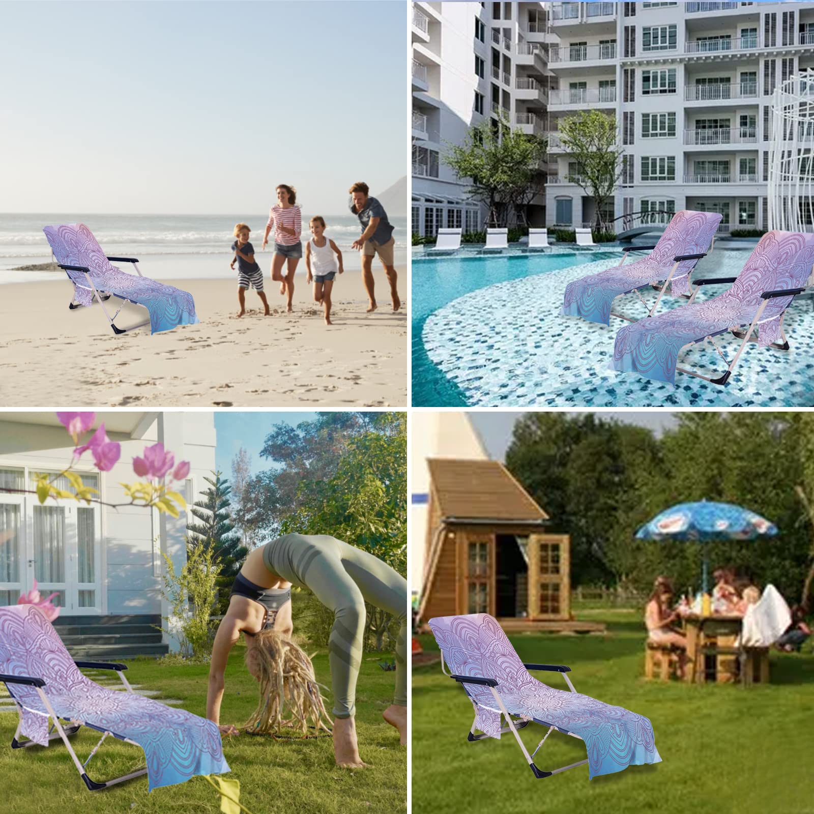 Bohemian Beach Chair Cover with Side Pockets - Thick Quick-Dry Chaise Lounge Towel Cover for Pool, Sunbathing, Garden & Hotel Use - Non-Slip Design (Purple) - Perfect for Vacation, Resort Relaxation and Outdoor Lounging