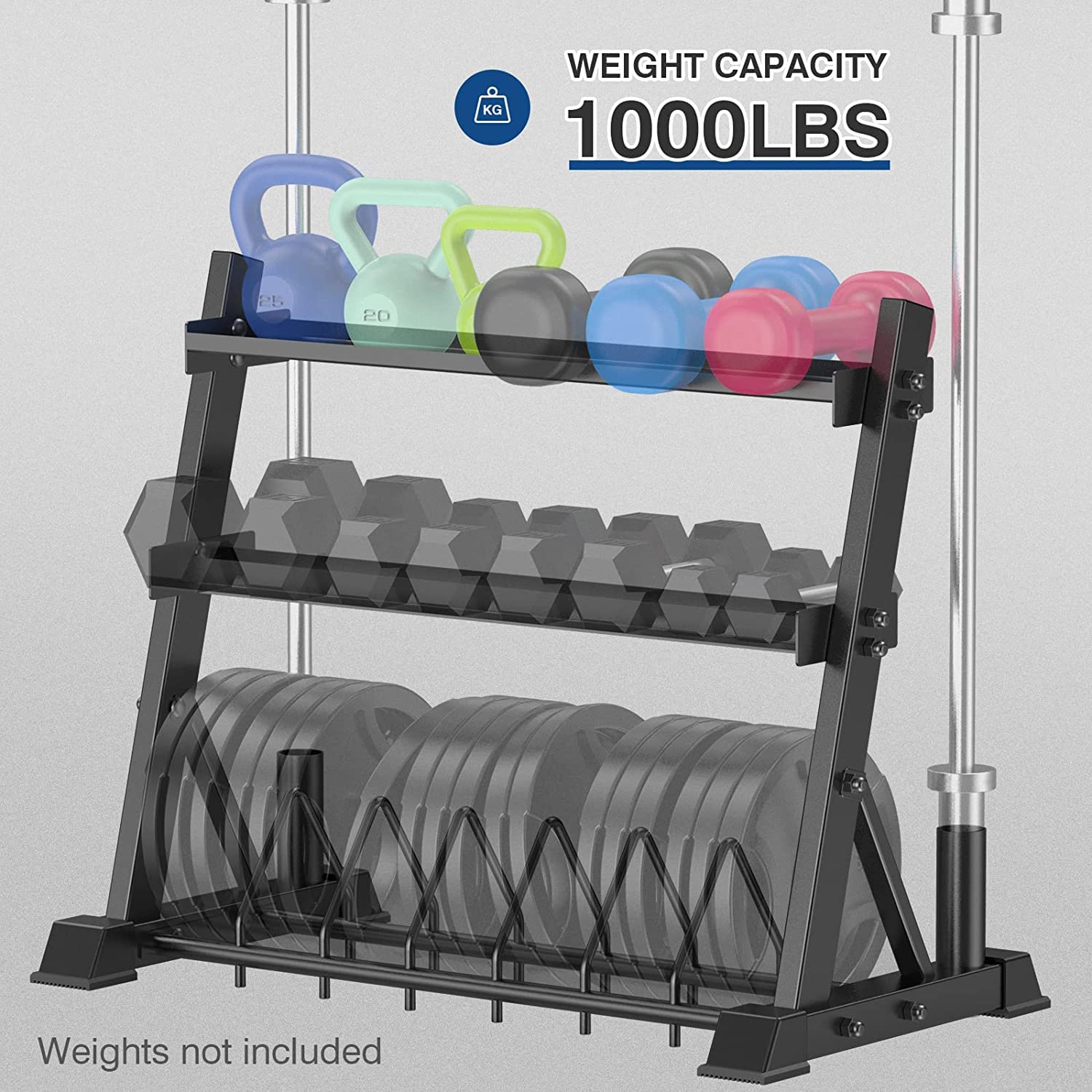3-Tier Dumbbell Rack - Heavy Duty Weight Plate & Kettlebell Storage Stand for Home Gym, Fitness Equipment Organizer - Perfect for Garage, Basement & Workout Room Organization