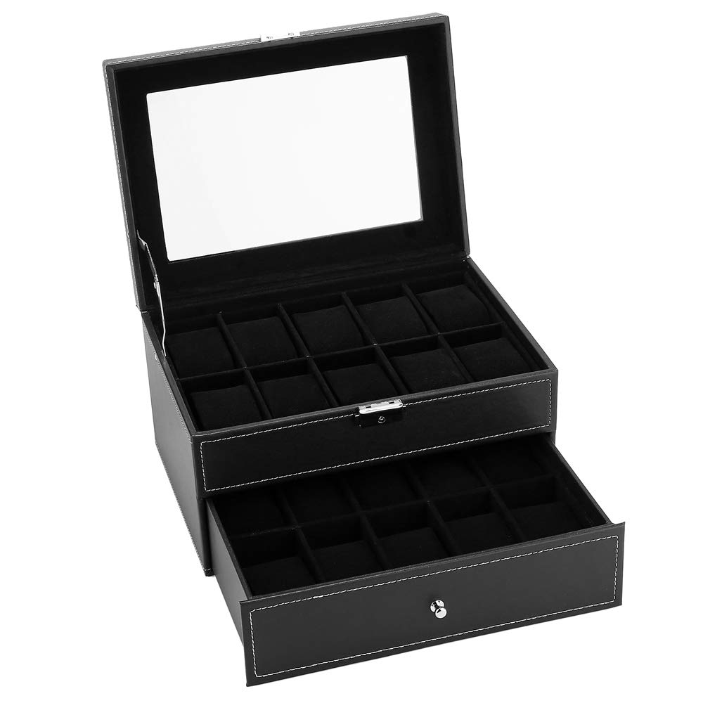 Luxury 20-Slot Glass Watch Display Case with Lockable Drawer - Multi-Functional Watch Organizer & Jewelry Storage Box for Watch Collections (Black) | Perfect for Home, Office, and Retail Store Display