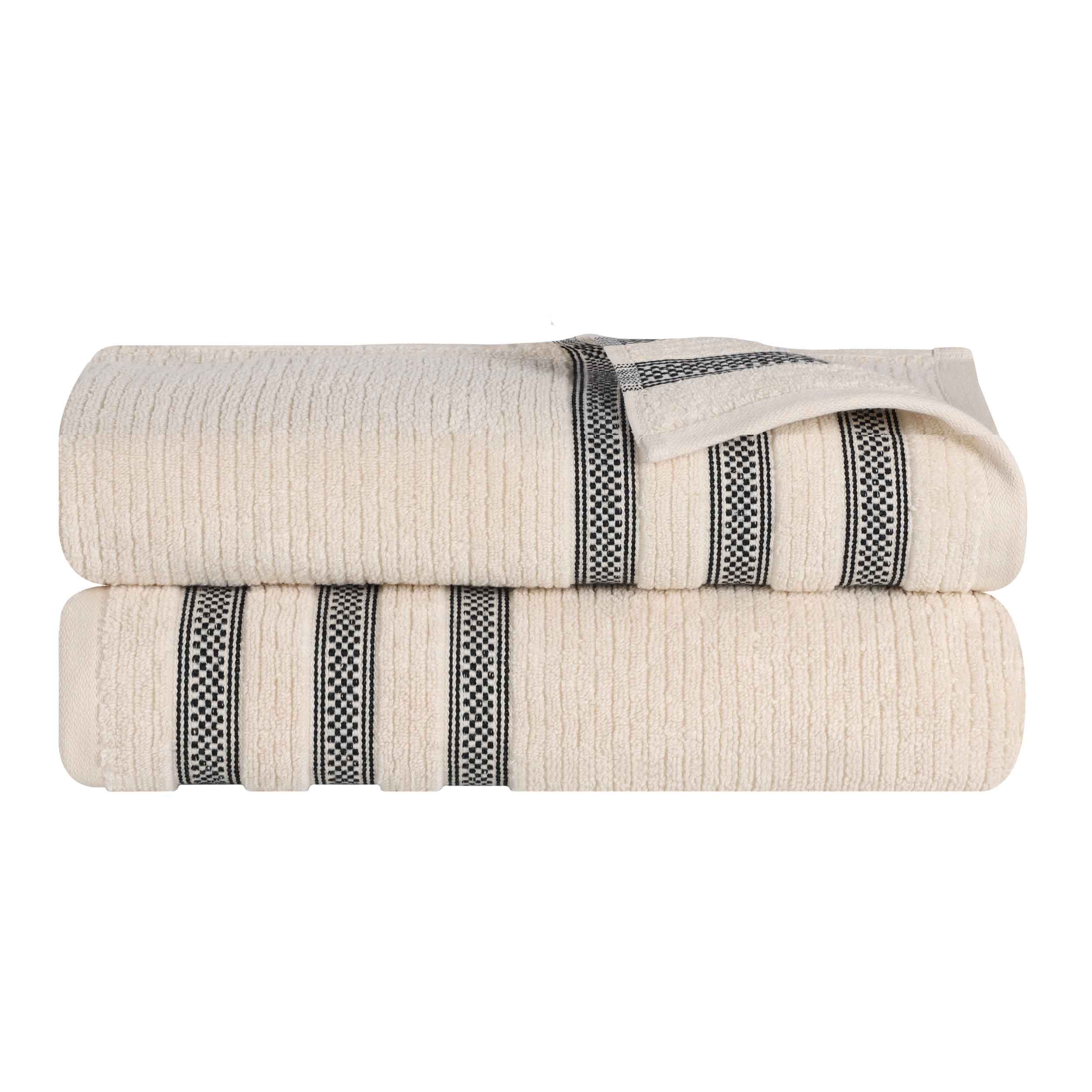 Premium Zero Twist Cotton Ribbed Geometric Border Plush Bath Sheet Set of 2 - Ultra Soft & Absorbent Luxury Towels for Spa, Bathroom & Beach Use