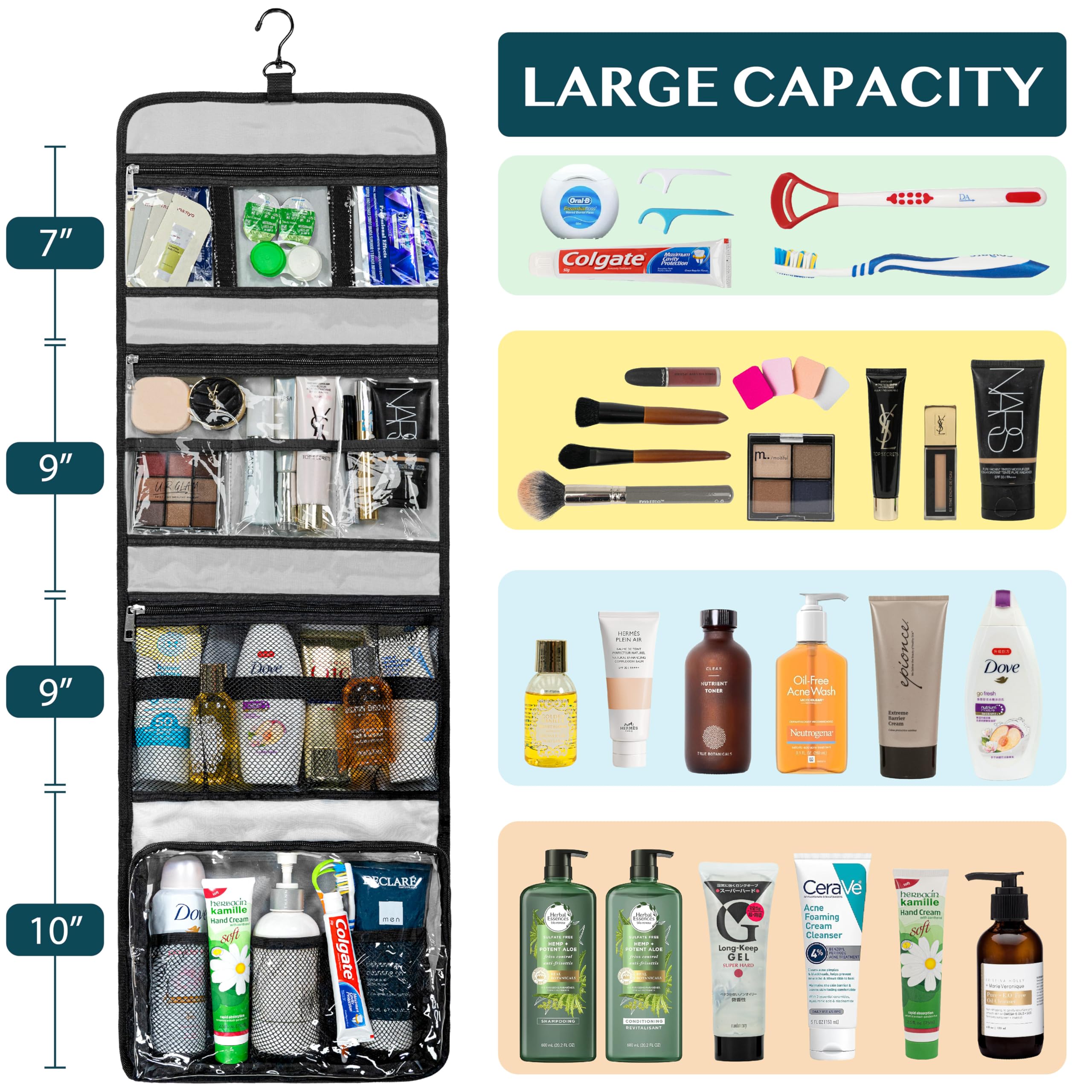 PAVILIA Extra Large Waterproof Hanging Toiletry Bag for Travel - Black Cosmetic Organizer for Women & Men - Perfect for Bathroom, Shower, Camping & Gym Essentials Storage