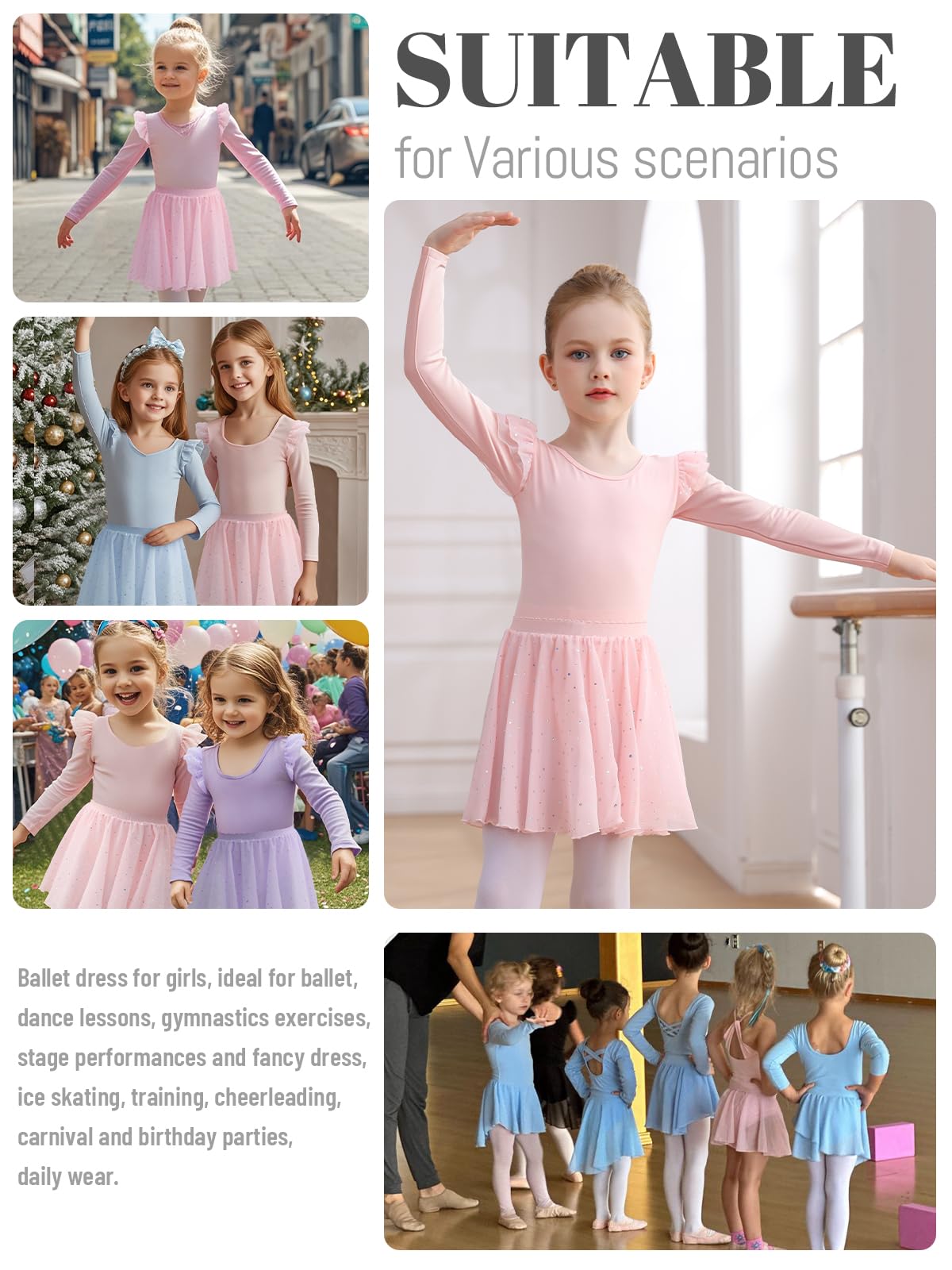 Comfyouth Girls Ballet Dance Leotard with Detachable Skirt - Toddler Long Sleeve Shiny Ballet Outfit for Dance Class, Recital & Performance