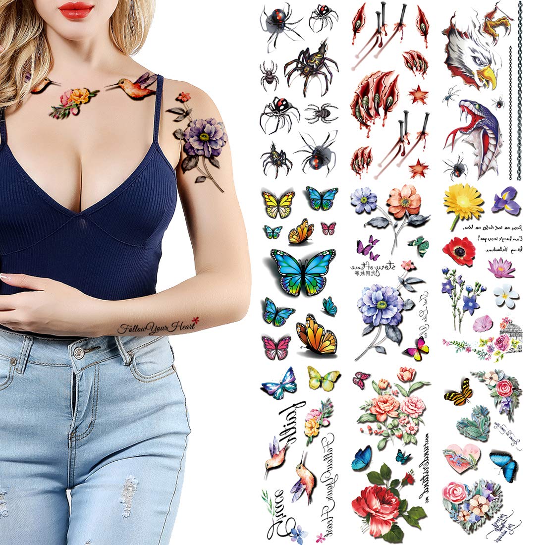 3D Fake Temporary Tattoo Stickers - Butterfly, Flower, Rose, Spider, Scorpion & Snake Designs for Women, Men, Girls & Adults | Halloween Body Art | Waterproof & Long Lasting | 9-Piece Mixed Color Set | Perfect for Parties, Costumes & Self Expression