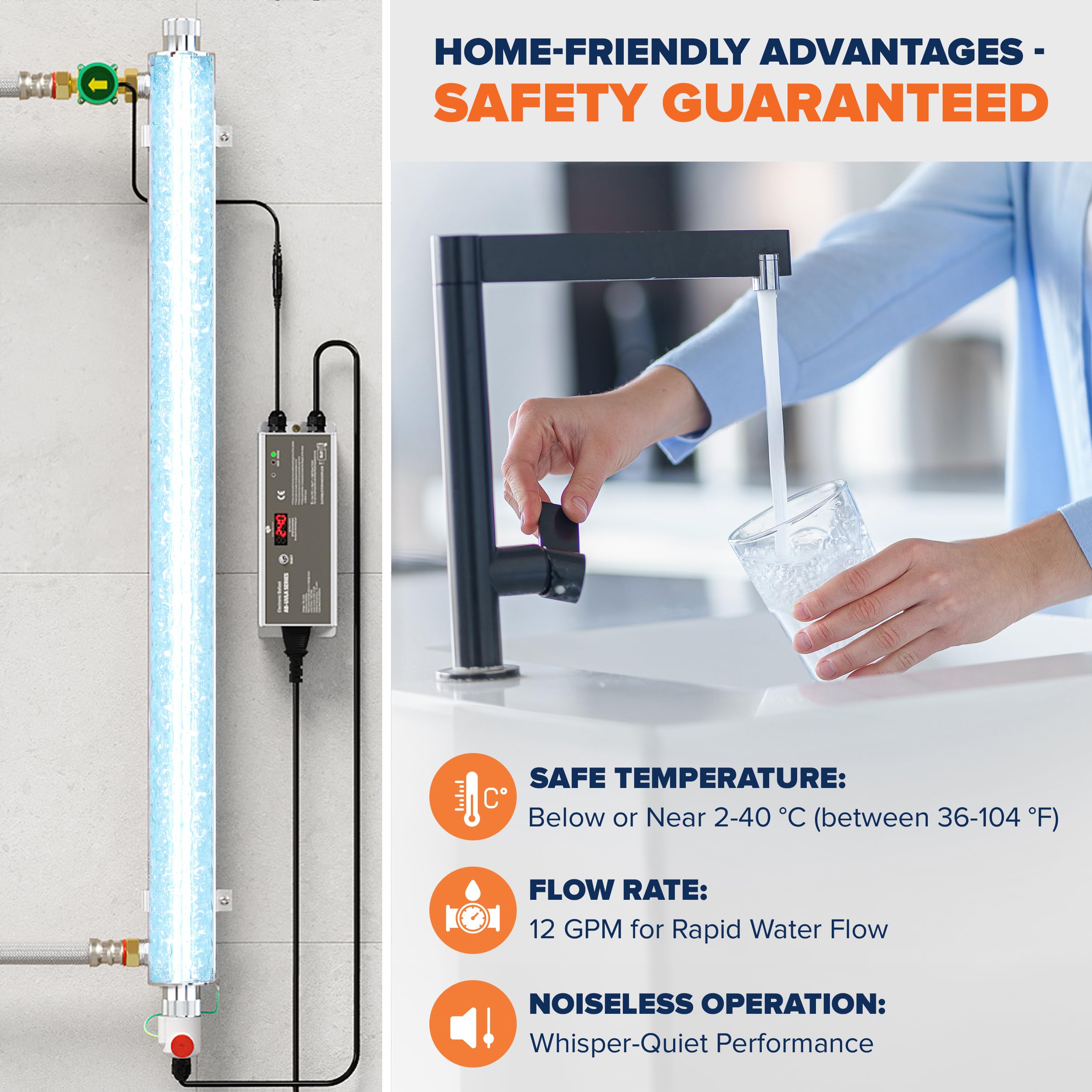 55W UV Water Purification System - 12 GPM Whole House UV Water Filter with Smart Flow Sensor | Well Water Purifier with Extra UV Lamp | Perfect for Home, RV & Camping Water Safety
