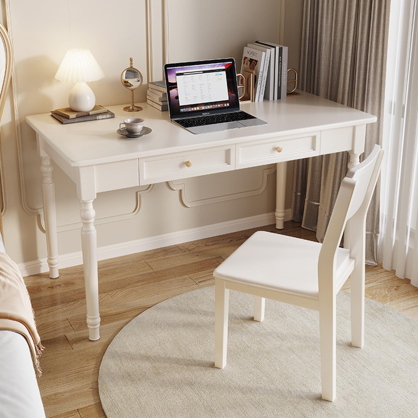 Solid Oak Wood Home Office Desk - 32 Inch Modern Writing Table with 2 Drawers, White Finish | Computer Workstation for Small Spaces & Home Office Furniture