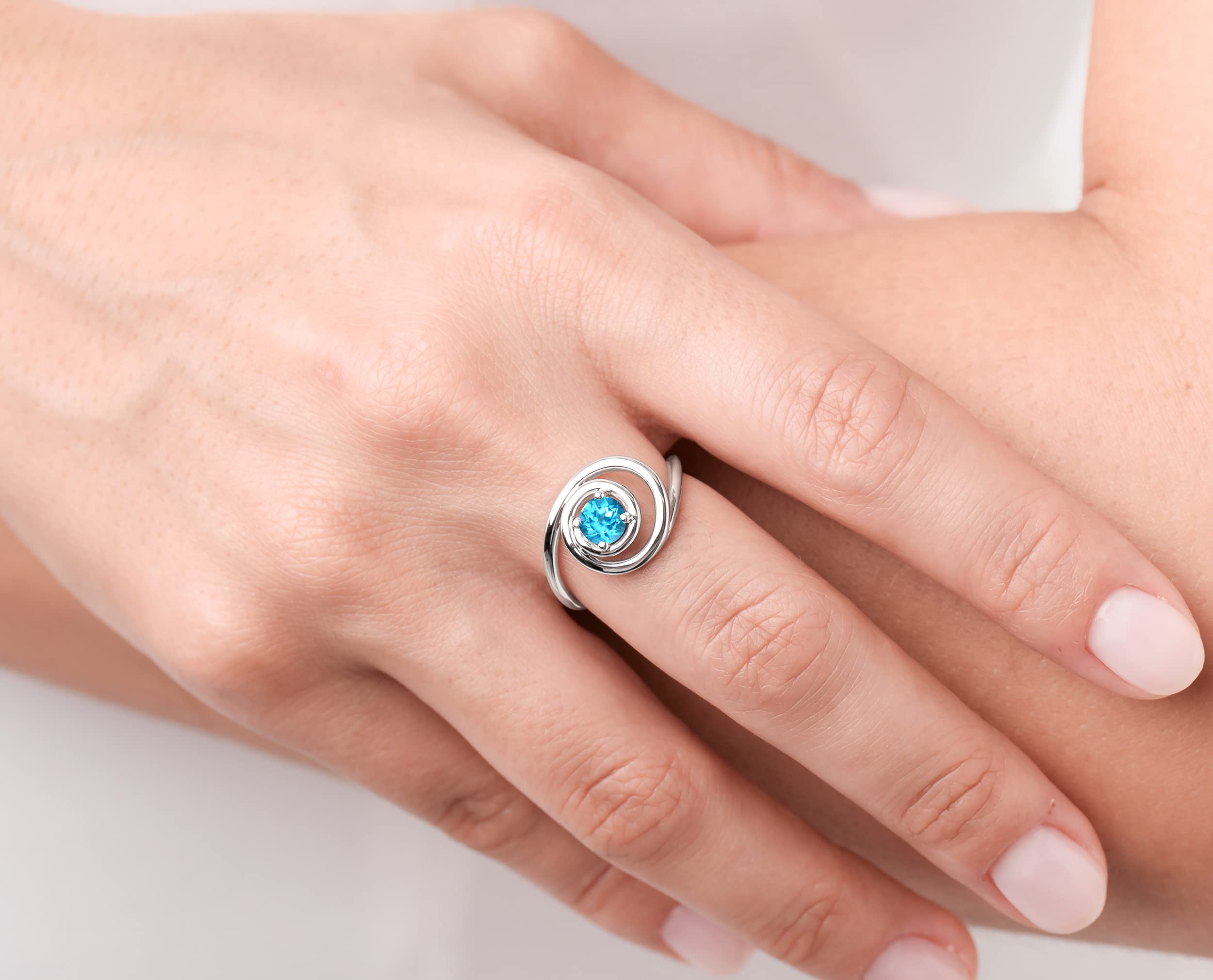 Swiss Blue Topaz Alternative Engagement Ring - Unique Minimalist Solitaire Ring in White Gold for Women - Perfect for Proposals, Weddings & Anniversary Gifts