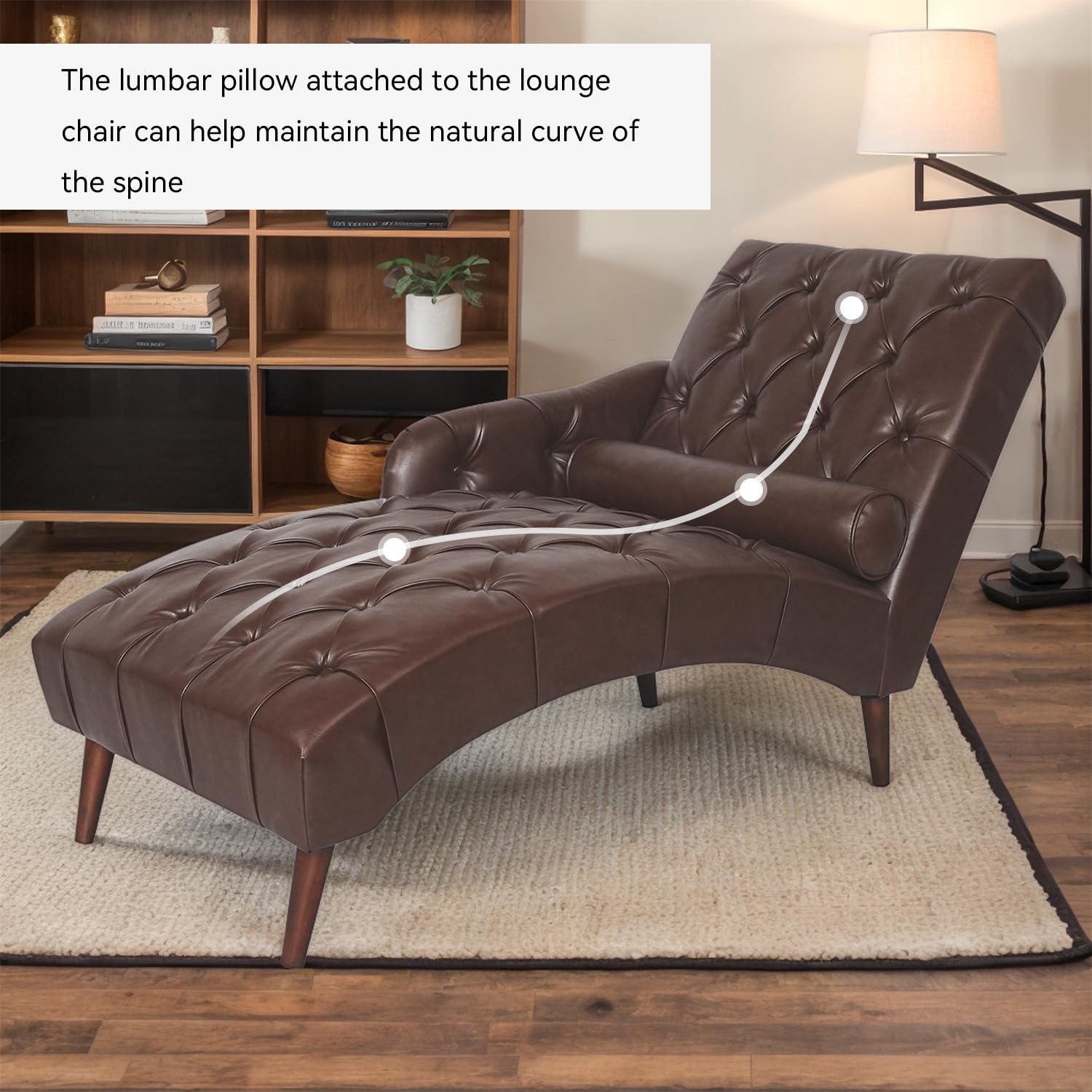 Mid Century Modern Chaise Lounge Chair - Upholstered PU Leather with Lumbar Pillow & Wood Legs - Comfy Indoor Lounge Chair for Living Room, Bedroom | Perfect for Relaxing, Reading & Napping