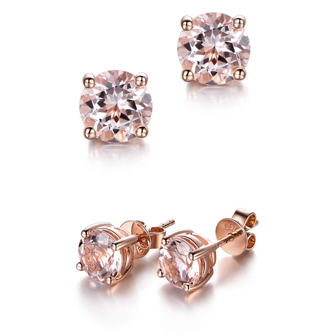 14K Solid Rose Gold 6mm Round Cut Genuine 1.49cttw Morganite Stud Earrings for Women - 4 Prong Solitaire Fine Gemstone Jewelry - Perfect Gift for Mom, Daughter, Wife | Birthday, Anniversary, Valentine's Day Present