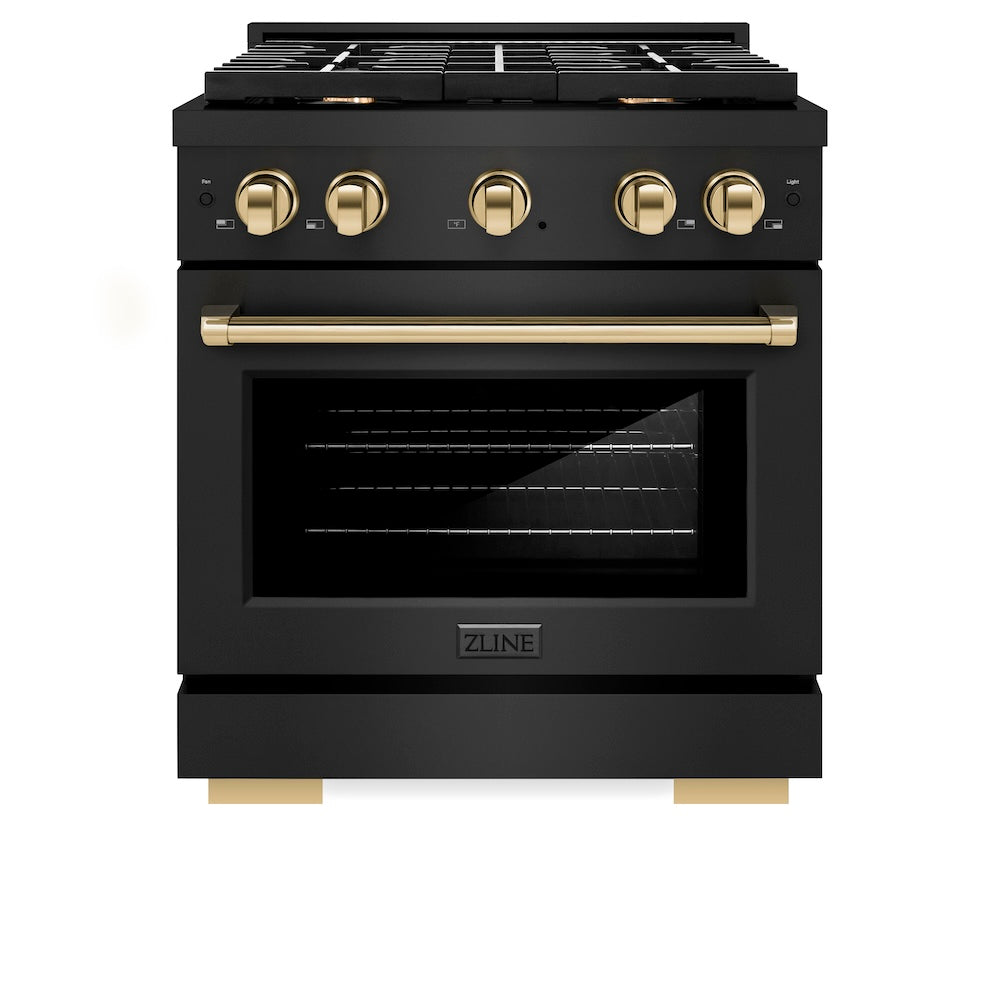 ZLINE Autograph Edition 30-Inch 4.2 cu. ft. Paramount Gas Range with 4 Burner Cooktop & Convection Gas Oven - Black Stainless Steel with Polished Gold Accents (SGRBZ 30 G) | Professional Kitchen Appliance for Home Chefs & Cooking Enthusiasts