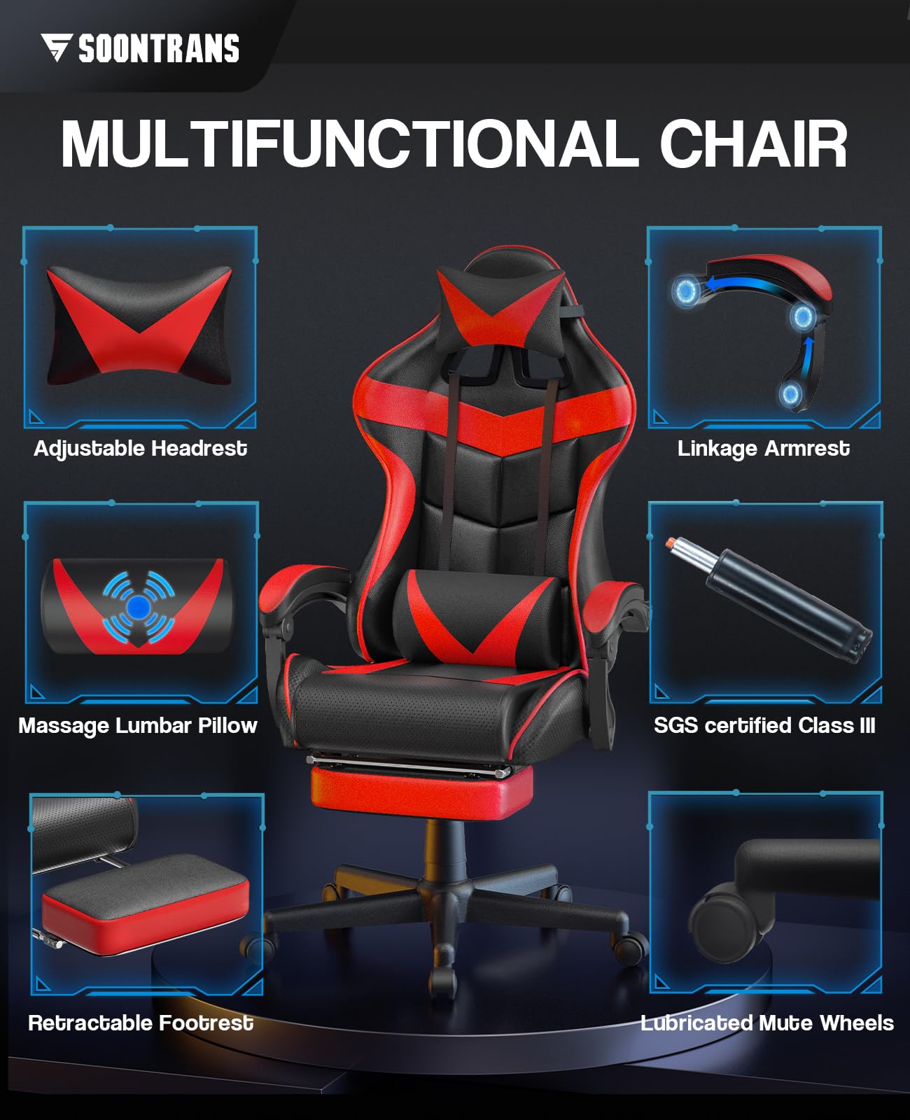 Soontrans Red Gaming Chair with Footrest - Ergonomic Racing Style Computer Gaming Chair with Adjustable Headrest & Lumbar Support - Perfect for PC Gaming, Esports, Home Office & Streaming Setup