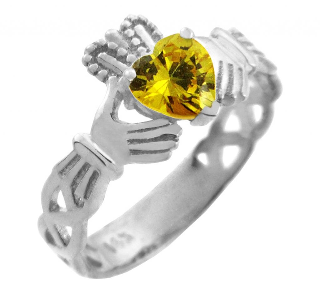 10K White Gold Celtic Knot Claddagh Ring with Yellow CZ Heart - Elegant Irish Wedding Band, Promise Ring & Anniversary Jewelry for Women - Perfect for St. Patrick's Day, Gifts & Special Occasions