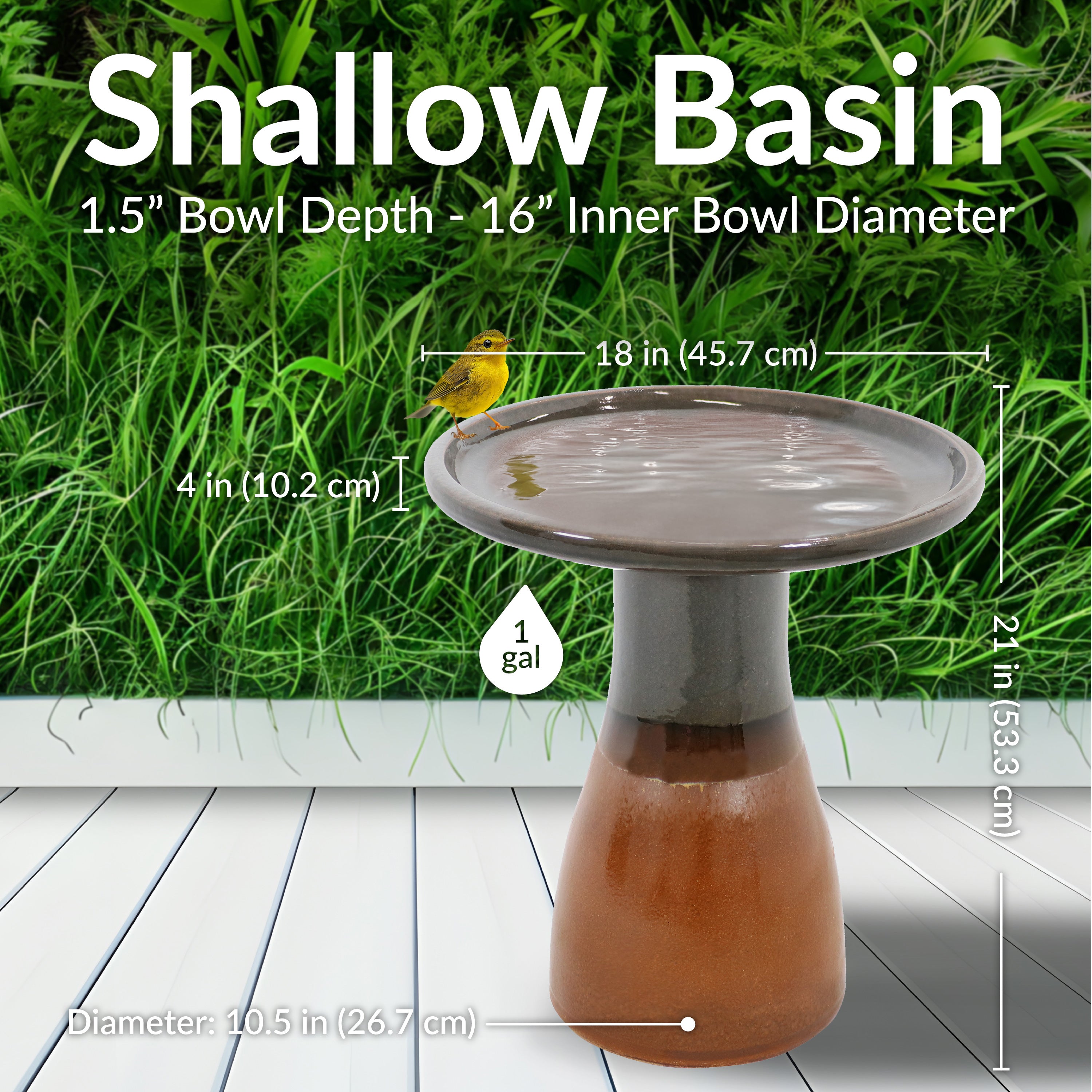 Sunnydaze 18 Inch Glazed Ceramic Outdoor Bird Bath - Garden Decor for Attracting Birds & Enhancing Outdoor Spaces
