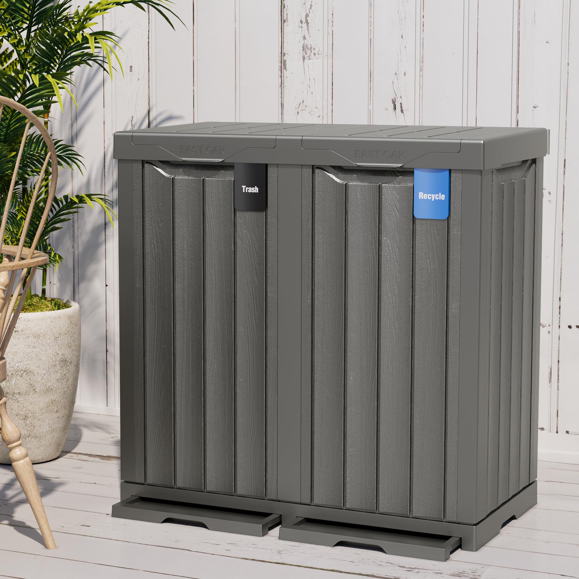 EAST OAK 62 Gallon Outdoor Trash Can - Waterproof Resin Garbage Bin with Recycle & Trash Labels, Secure Bag Lock & Drip Tray - Heavy Duty Outdoor Waste Container for Patio, Backyard, Deck, Garden & Garage - Perfect for Home, Restaurant & Commercial Use - Gray