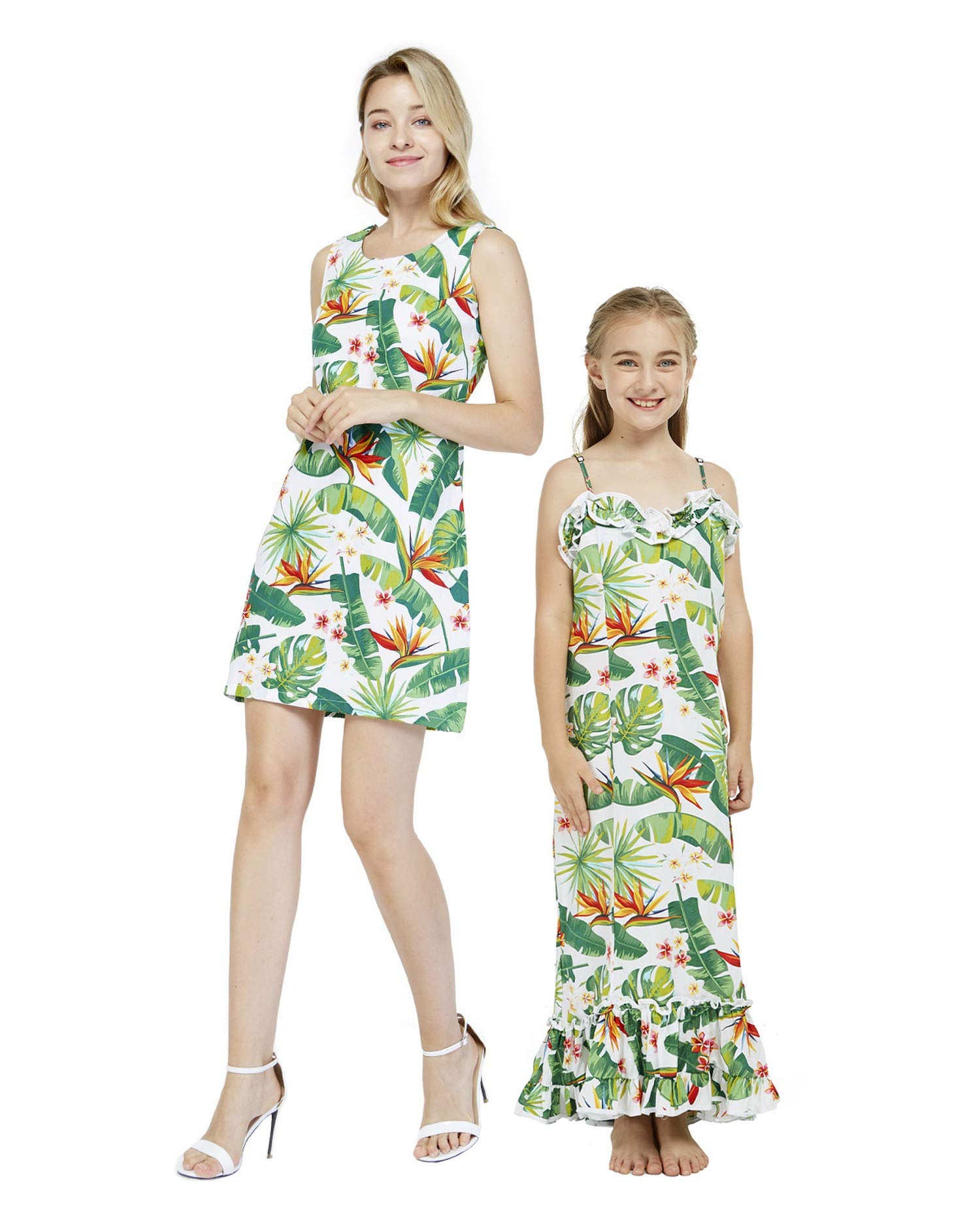 Hawaiian Luau Mother Daughter Matching Outfits - Tropical Bird of Paradise Tank Top & Muumuu Dress Set for Beach Party, Family Vacation & Summer Photoshoot