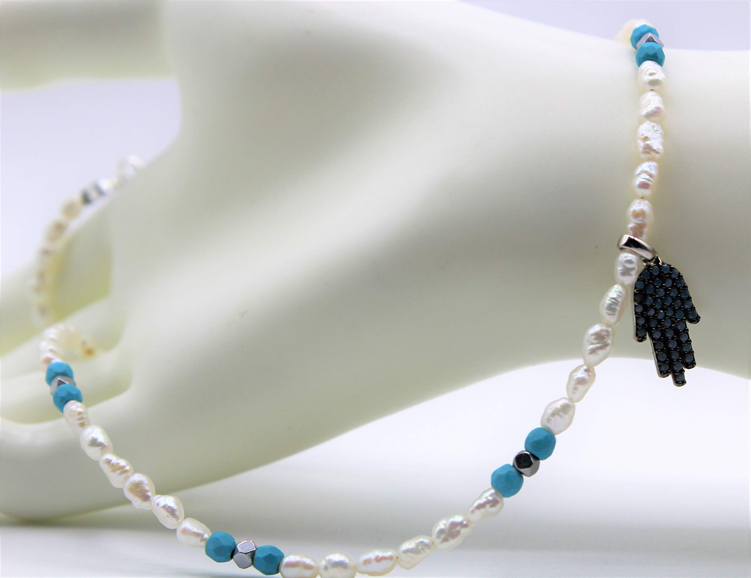 Elegant Turquoise & Pearl Hamsa Necklace - Delicate Evil Eye Protection Amulet Jewelry for Women | Perfect for Spiritual Protection, Boho Fashion & Gift Giving